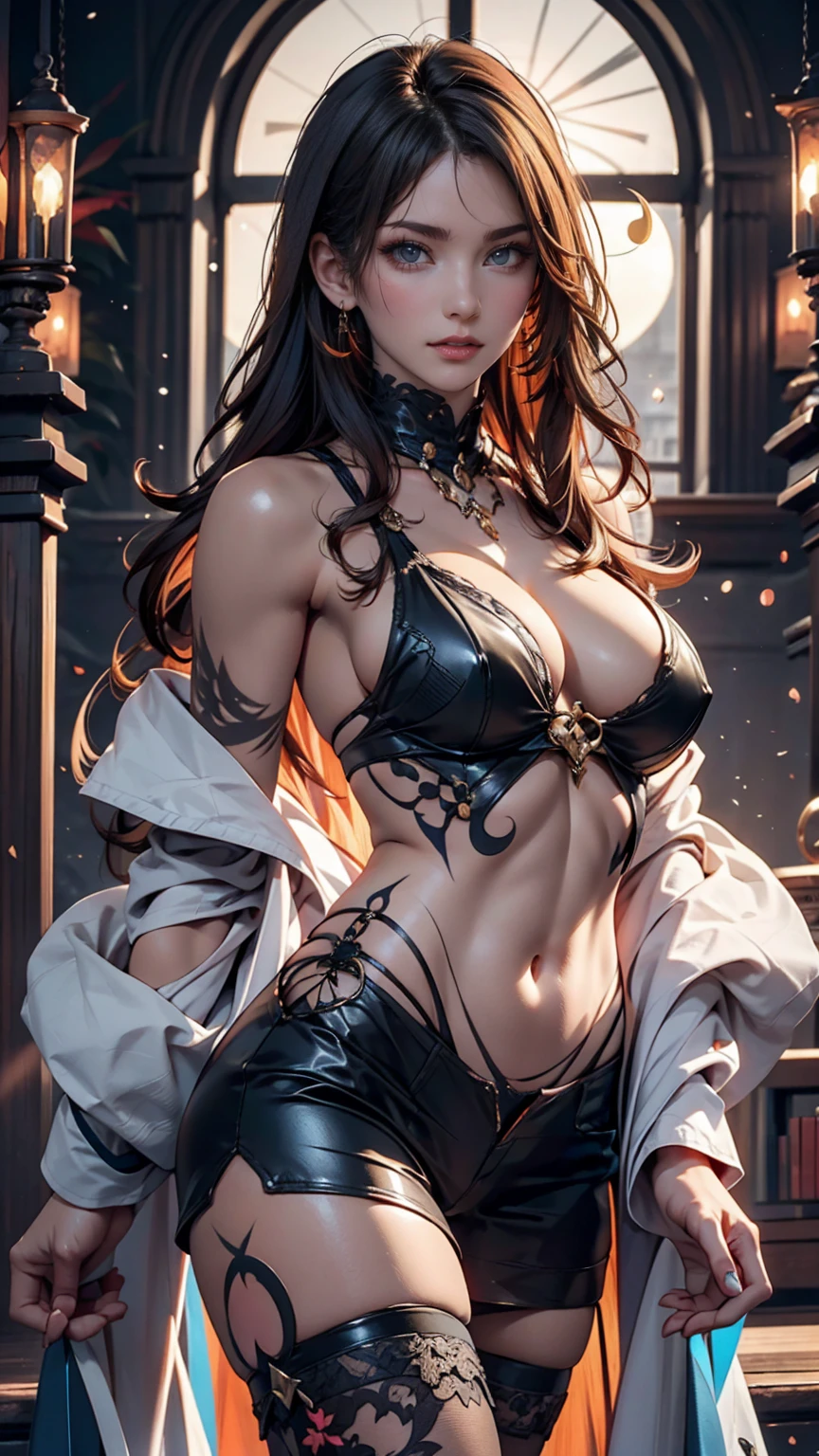 A woman with body paint featuring half sun and half moon patterns、Standing on the border between day and night
