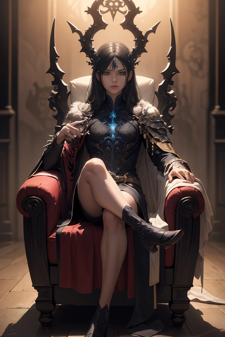 Highly detailed RAW color Photo, woman sitting on throne, black dress, high heels, laughing, (wide hips), (detailed skin), (detailed lips), (detailed eyes), (throne_room:1.4), (detailed face), brunette, (curvy), midriff exposed, (laughing:1.2), detailed eyes, chromatic aberration, depth of field, soft lighting, masterpiece, best quality, intricate, (bloom:0.7), (from below:1.3), low angle, particle effects, raytracing, tone mapped, highly detailed, concept art, smooth, sharp focus, dramatic lighting, highly detailed artwork, cinematic, hyper realistic painting, trending on Artstation, 8K, incredible shadows, realistic, (highly detailed background:1.2), art by midjourney