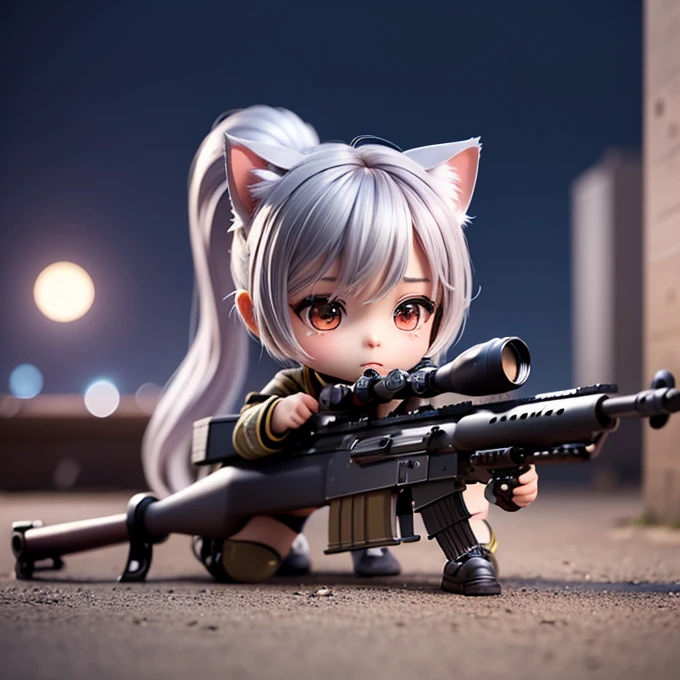 point the gun at the viewer, (Chibi Character:1.5), A silver-haired girl with cat ears wearing a military uniform, ponytail, mini skirt, See-through tights, Combat Boots, Open the chest, point the gun at the viewer, 伏せ精密photograph, Ultra-high definition high performance sniper rifle, (Accurate prone position:1.3), photograph, 正確な伏せphotograph,Looking into the scope of the rifle, point the gun at the viewer口, Point the muzzle at us, High-powered sniper rifle aimed at viewers, Skyscraper rooftop, A quiet night full of tension, Night city background, moonlight, Accurate frontal view