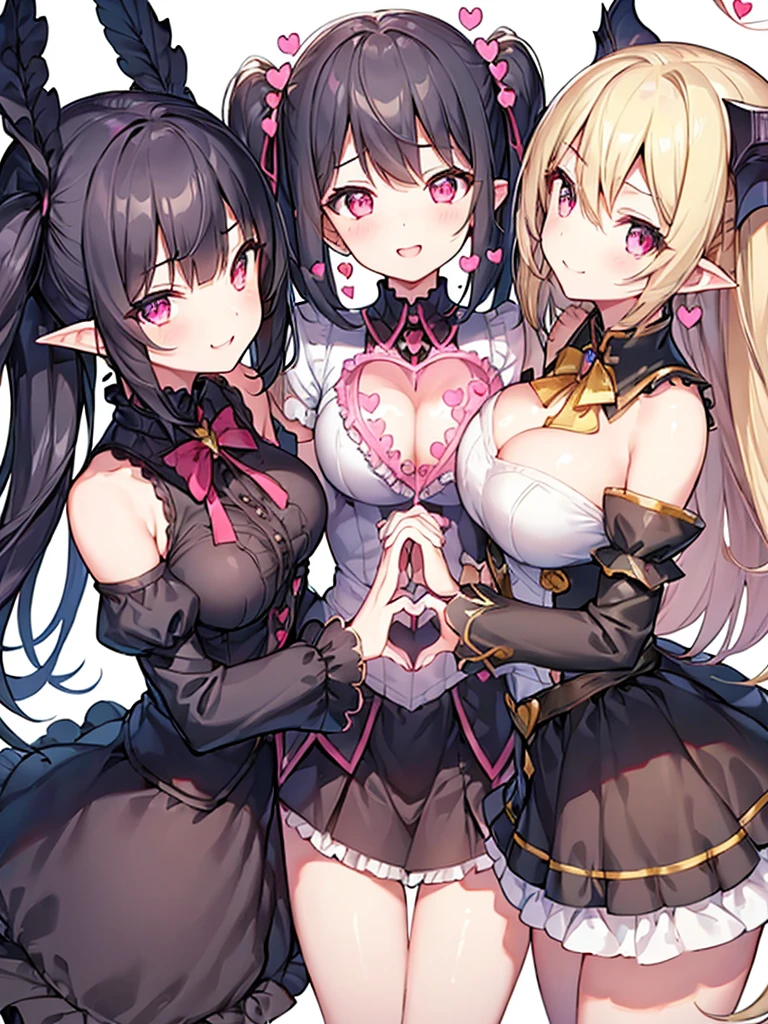 Highest quality, Super Fine, 16K, Very detailed, delicate and dynamic, cute woman, Baby Face,Black Hair, Pink Eyes, Detailed eyes, sauce_anime, Attention to detail, hair ornaments,Both sides up,smile, Young characteristics, View your viewers, (White Background:1.3),Fluffy sleeves, Fluffy hair、Elementary school girl, Put your hands on your face, Barrette、Black Stockings,Are standing, underwear,age Girl、belly button、skirt、cute、Beautiful illustrations, Highest quality, cute女の子,beautiful girl、Clear Face, pastel colour ,Blonde, smile、blush、にこやかなsmile、Thighs、(Two Girls:1.1)、Perfect hands、Five fingers、Facing each other,(Three Women:1.4), Three Succubus (symmetrical succubus wings), (triplets:1.2), (ribbon:1.1), (Both sides up), tie, Bree, Earrings, Suspicious Face, (White Background:1.3), alicious smile, Scars and disfiguring facial features, Young characteristics, Long sleeve, Fluffy sleeves, Fluffy hair, (Laughing with your mouth open), Chiquita, huge , (Put your hands on your face), Ruffled uniforms, Barrette, (laugh at:1.1), Looking down, Angle from behind, Respected by women, (Upward gaze:1.2), (hearts symbol:1.5), (Heart:1.5), (Heart effect:1.5), (Heart symbol:1.5), Devil&#39;s Tail, Demonic Taiucubus, (super huge tits:1.3), (Heart Tattoo:1.3), Yodare, Devil&#39;s Tail, Chest position, GirlSandwichFaceSandwich (confused and blushing,cuteアヘ顔ポーズ), Embrace each other, catch, そしてサンドイッチを作ってサンドイッチにEmbrace each otherポーズ, (Bury the boy&#39;s face in her cleavage:1.3), Front and back view of the sandwich, Displeased expression 4p, Boy looking away　Boob sandwich