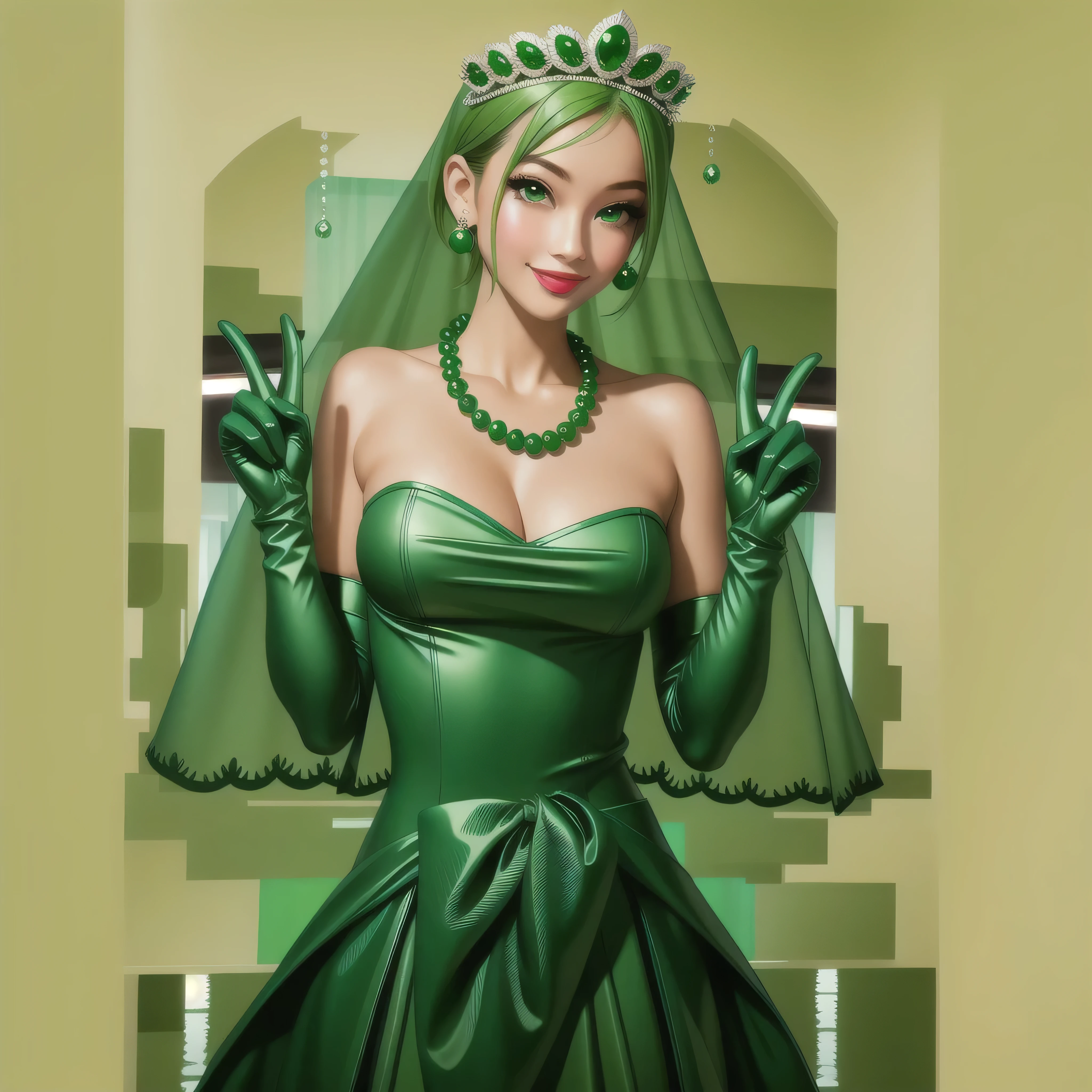 Emerald tiara, Green Pearl Necklace, Boyish very short green hair, Green Lips, Smiling Japanese woman, Very short hair, Busty beautiful lady, Green Eyes, Green satin long gloves, Green Eyes, Emerald Earrings, Green veil, all of, Green Hair, Beautiful Japanese Women, green lip gloss