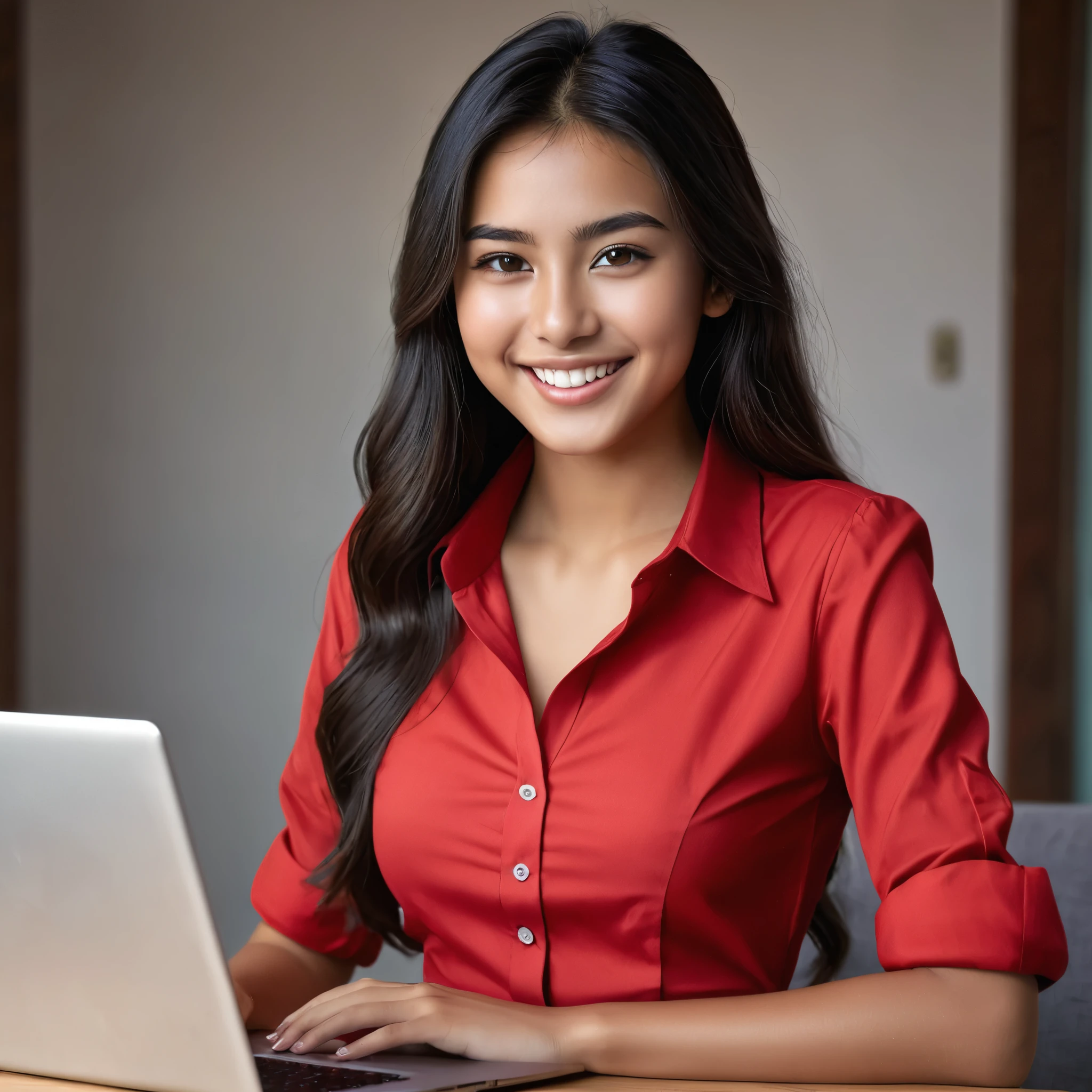 an 18-year-old (Indonesian:0.5)-(Spanish:1.5) girl, full smile, Long flowing Black Hair, Brown Eyes, Almond shaped Eyes, Heart shaped Face, Roman Nose, Olive Skin, detailed skin, no makeup, natural look, (blemish:0.8), imperfect skin, long legs, (tall figure:1.5), (athletic fit-muscled body:1.5), defined abs, large breasts, cleavage breasts, (1girl:1.9), (18-year-old:1.9), (red business shirt-dress:1.9), cinematic shot in 8k HDR, emphasizing elegance and professionalism, (sitting using a laptop:1.5), happy expression, (office setting, red wall:1.2), desk, chair, natural lighting, photorealistic, (best quality,4k,8k,highres,masterpiece:1.2),ultra-detailed,(realistic,photorealistic,photo-realistic:1.37),HDR,UHD,studio lighting,ultra-fine painting,physically-based rendering,extreme detail description,professional,vivid colors,bokeh,digital art, (sharp focus:1.9).