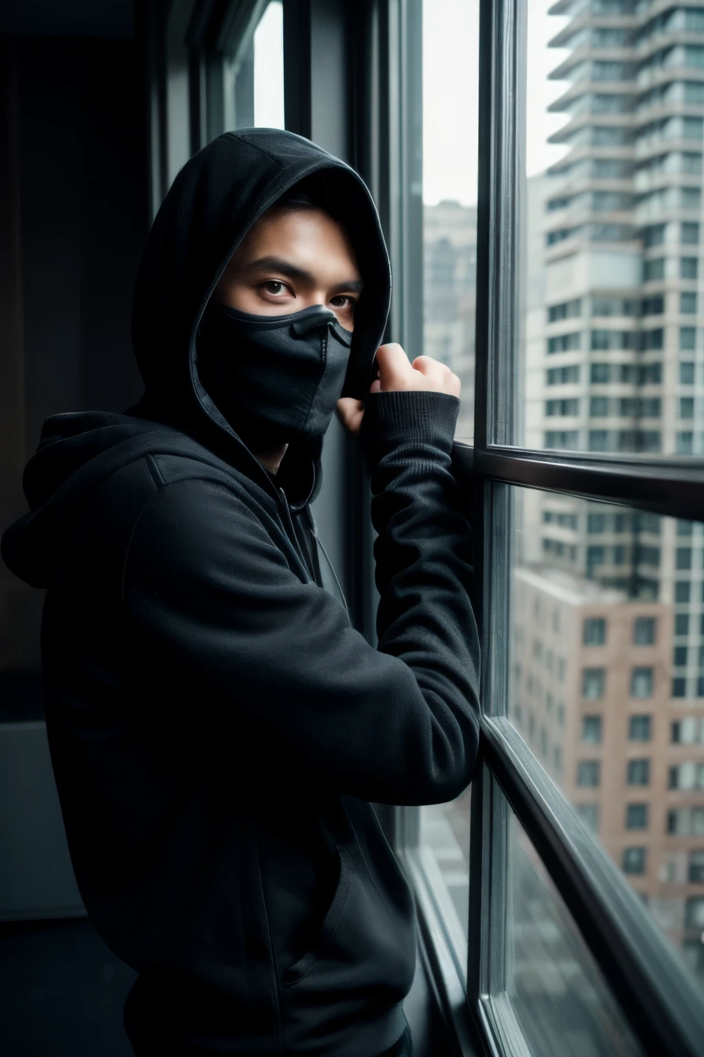 ((best quality)), ((masterpiece)), (detailed), The sniper (movie character), 1man(waering black hoody black suite and skull mask), male focus, solo, glowing, looking at the window, fingerless gloves, on the window at 13th floor, ready to shoots with his sniper riffles,(side camera view) positions standby to shoots from thw window to the next buildings.