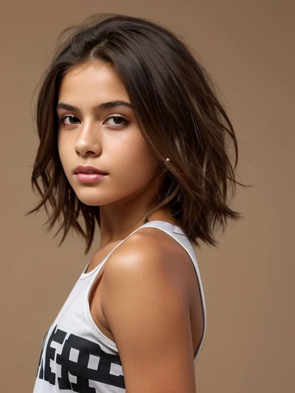 girl , looks like a young female gorilla (Very black skin, heavy brow ridges, deep-set realistic expressive brown eyes, protruding, well-developed jaw, wide flat nose, extremely shaggy thick brown hair on the head, light hair growth all over the body, plump physique, slightly hunched over); whole body, neutral background, T-shirt dress, bare feet