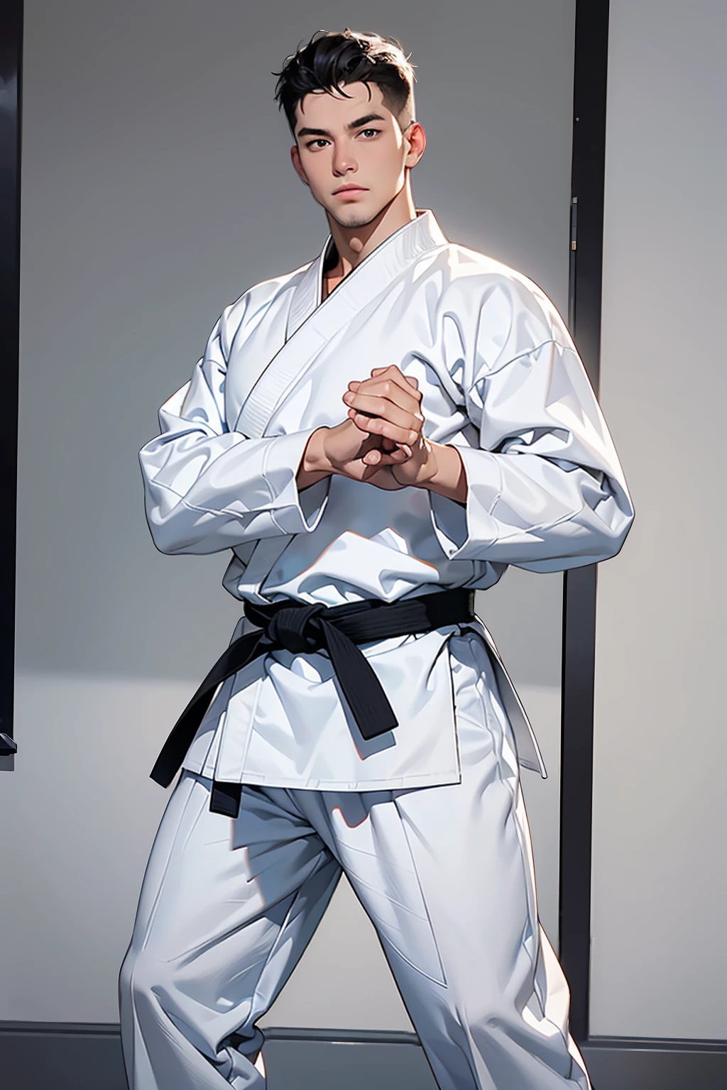 (8k, RAW Photo, Masterpiece Quality: 1.2), they are one Caucasian man, arms crossed in a judo pose, ((wearing a white judogi)) ((white judogi with long sleeves)), judo, judo pose , Martial arts, , ((black belt)) beginner, fighting stance, Martial arts, ranking, competition winner, fighting stance, martial art pose, in a dojo (full body shot: 1) posing for photography, Firm stance (full body shot: 1).