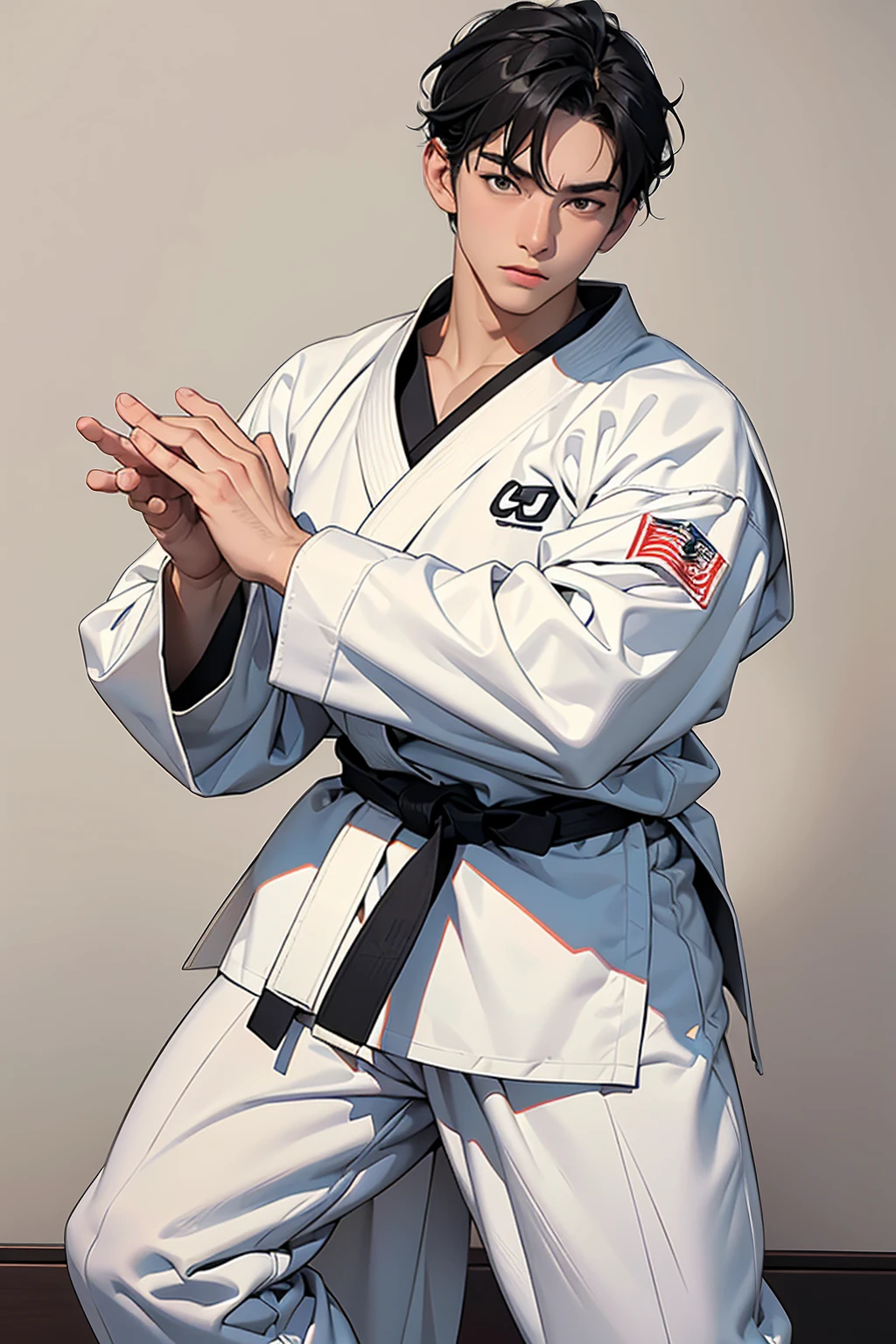 (8k, RAW Photo, Masterpiece Quality: 1.2), they are one Caucasian man, arms crossed in a judo pose, ((wearing a white judogi)) ((white judogi with long sleeves)), judo, judo pose , Martial arts, , ((black belt)) beginner, fighting stance, Martial arts, ranking, competition winner, fighting stance, martial art pose, in a dojo (full body shot: 1) posing for photography, Firm stance (full body shot: 1).