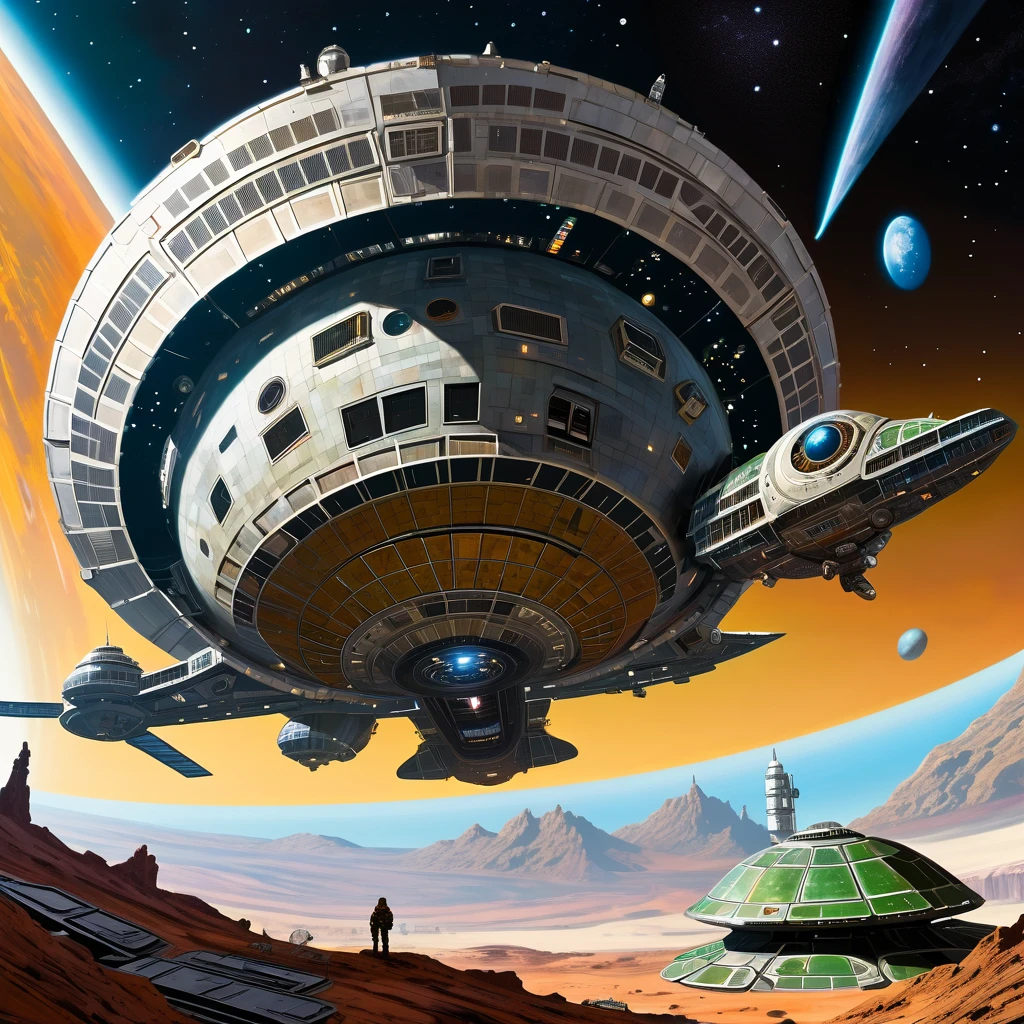 The scene is set in deep space. A huge, starshaped and sprawled spacestation can be seen in the background. Closer to the viewer a clunky, grimy and rusty spaceship partly in the shape of a turtle is seen approaching the spacestation.