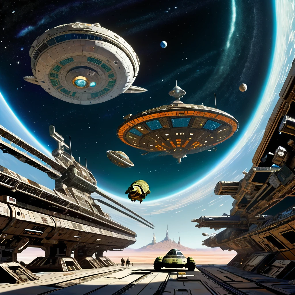The scene is set in deep space. A huge, starshaped and sprawled spacestation can be seen in the background. Closer to the viewer a clunky, grimy and rusty spaceship partly in the shape of a turtle is seen approaching the spacestation.