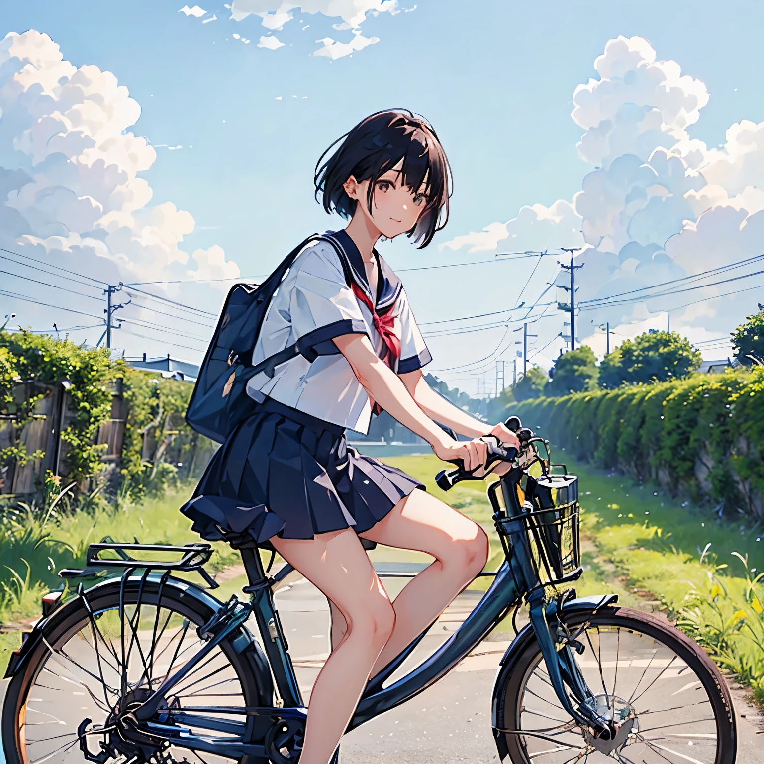 A girl is riding a bicycle alone、Beautiful 18 year old Japanese woman、Hair color is black、black eye、Medium Hair、short hair、Straight hair、smile、slender but well-proportioned body,、I'm wearing a sailor suit、Short sleeve、Wearing a navy blue pleated skirt、Short skirt、Wear loafers、School Bags、summer、countryside、Long concrete road、A little overgrown grass、electric wire、electric wire、Beautiful blue sky and white cumulonimbus clouds、Beautiful sea、Birds are flying、Highest quality、detailed、