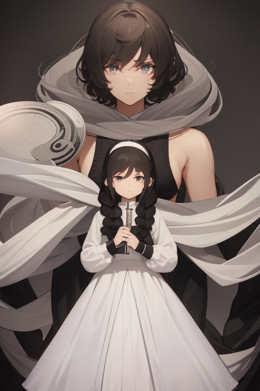 The slightly curly male protagonist,Holding a black fan standing in the center,There is also a big sister next to her.,And one in a white dress,A woman with a cold face