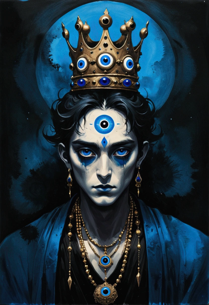 Ink Painting,Third Eye Vision。king,crown,3d,Dark eyeshadow,whole body,robe,Wide Angle,Black and blue