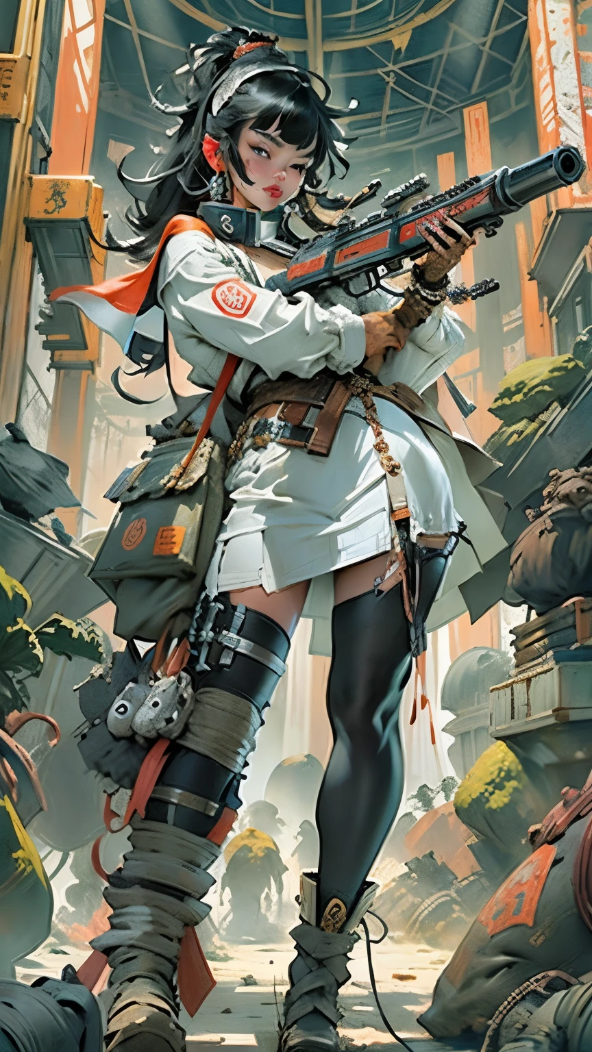 masterpiece、Highest quality、Best Quality、Official Art、Beautiful and aesthetic、
One girl、Gatling Gun、cartridge、Staring at the audience、bangs、Ammunition belt、gloves、chest、Firing、Black Hair、Asian、
Very detailed、Supremely detailed、Mixing of optics、Playful patterns、Vivid texture、Unique visual effects、