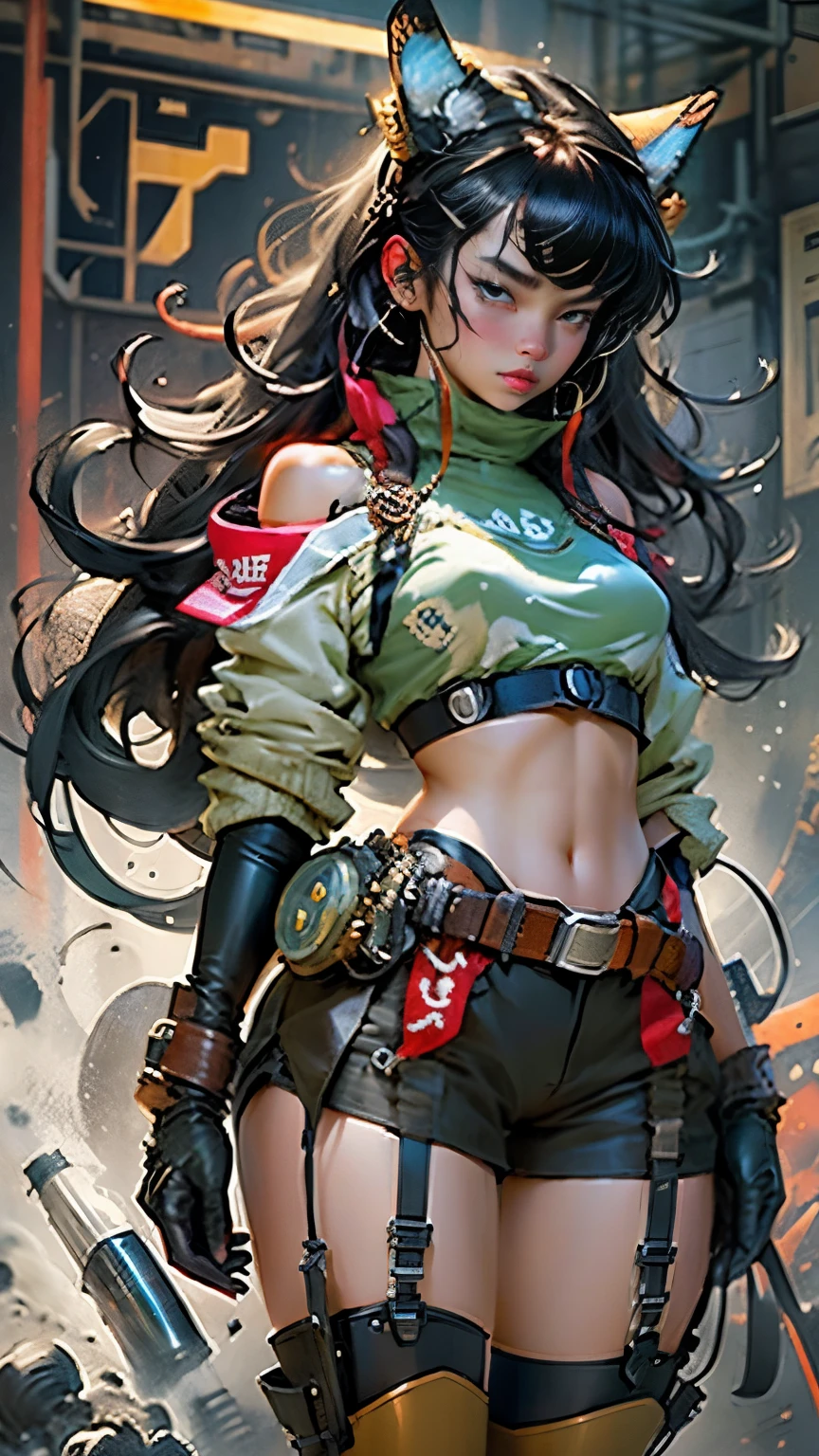 masterpiece、Highest quality、Best Quality、Official Art、Beautiful and aesthetic、 One girl、Gatling Gun、cartridge、Staring at the audience、bangs、Ammunition belt、gloves、chest、Firing、Black Hair、Asian、 Very detailed、Supremely detailed、Mixing of optics、Playful patterns、Vivid texture、Unique visual effects、