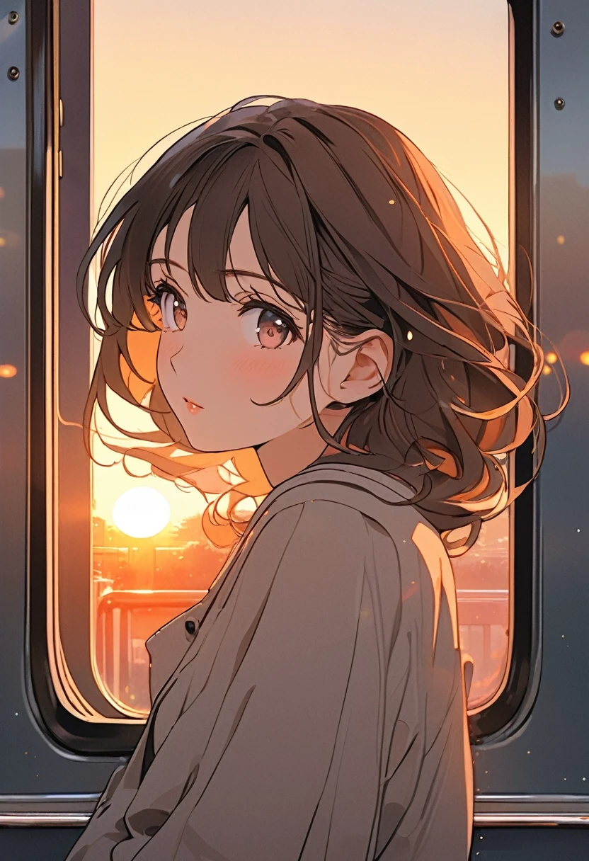 Anime girl sits on a train and looks out the window.., beautiful anime pictures, Portrait of Lofi at a window, beautiful anime girl, Portrait of Lofi, Lofi girl, Portrait of an anime girl, Gwaites style artwork, high quality vertical, with the sunset, Attractive anime girl, cute anime girl, Draw a realistic picture of a cute girl.., anime style. 8ก