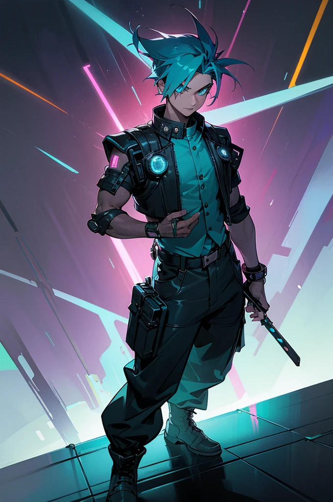 1male, teal blue hair, styled in a spiked undercut, bright orange eyes, intense focus, high-tech visor over his eyes, dark leather vest with glowing circuit patterns, black cargo pants, combat boots, futuristic urban background with holographic ads and bustling streets, detailed face, hands to side, standing on path