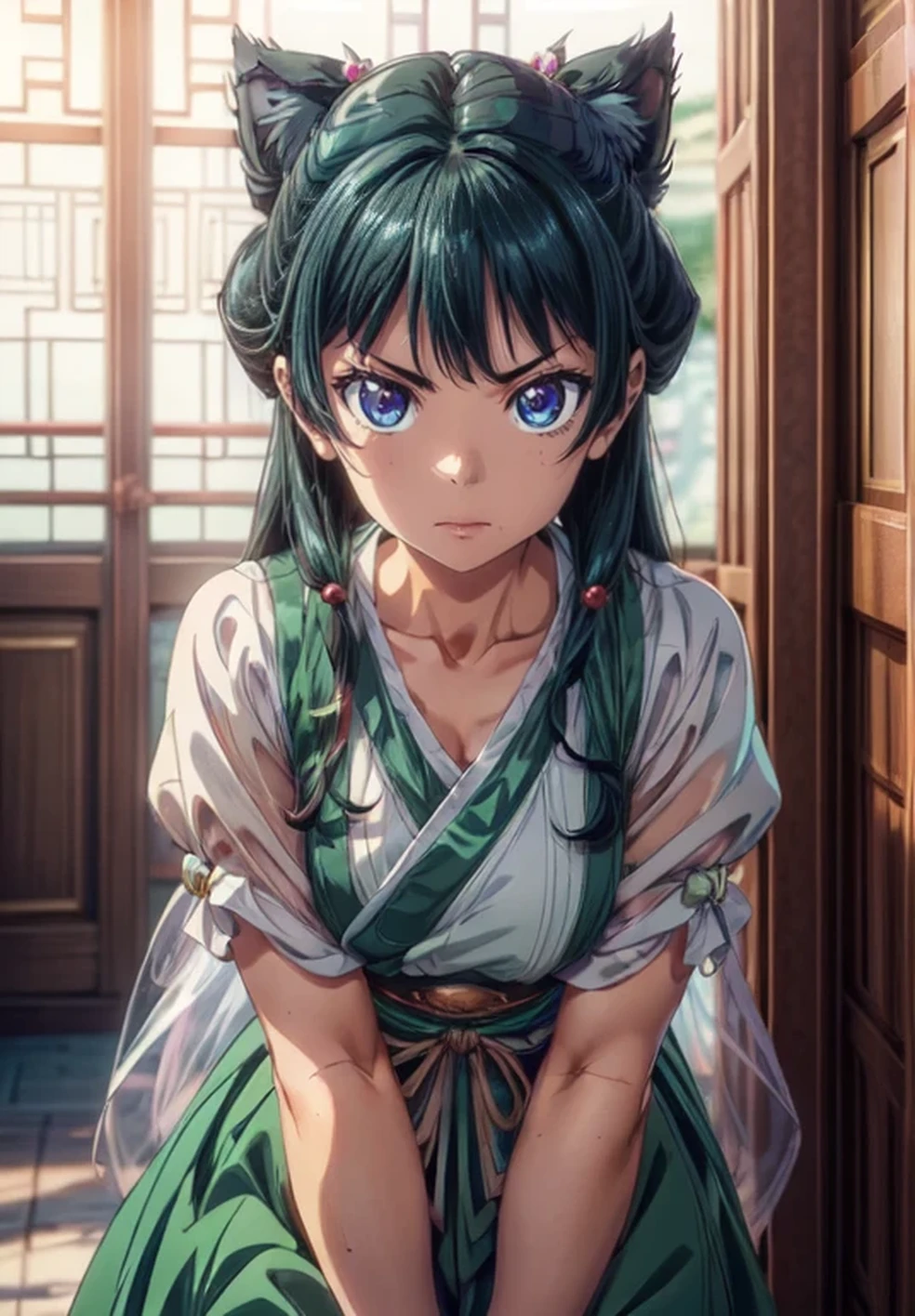 (Masterpiece, High Quality, Top quality, High-Detailed, Detailed CG, Cinematic Shadow, Cinematic Scene, Beautiful Detailed Eyes, Ultra Resolution, Depth of Field, High Resolution, Masterpiece: 1.2), Anime art style, Very detailed, Dynamic Angle, Teen Style, Detailed Green Hair, Detailed Blue Eyes, Slim Body, Cat Ear, Sparkling Eyes, Hair Accessory, Earrings, Slightly Blunt Bangs, Looking at the Audience, (Blush Expression:1.2), (Angry Expression:1.2), (Dark Green Hair), Purple Eye, Five Fingers, Good Composition, Arms, Thighs, Medium Breasts, Medium Size Breasts, Blur Background, Chinese Architectures
