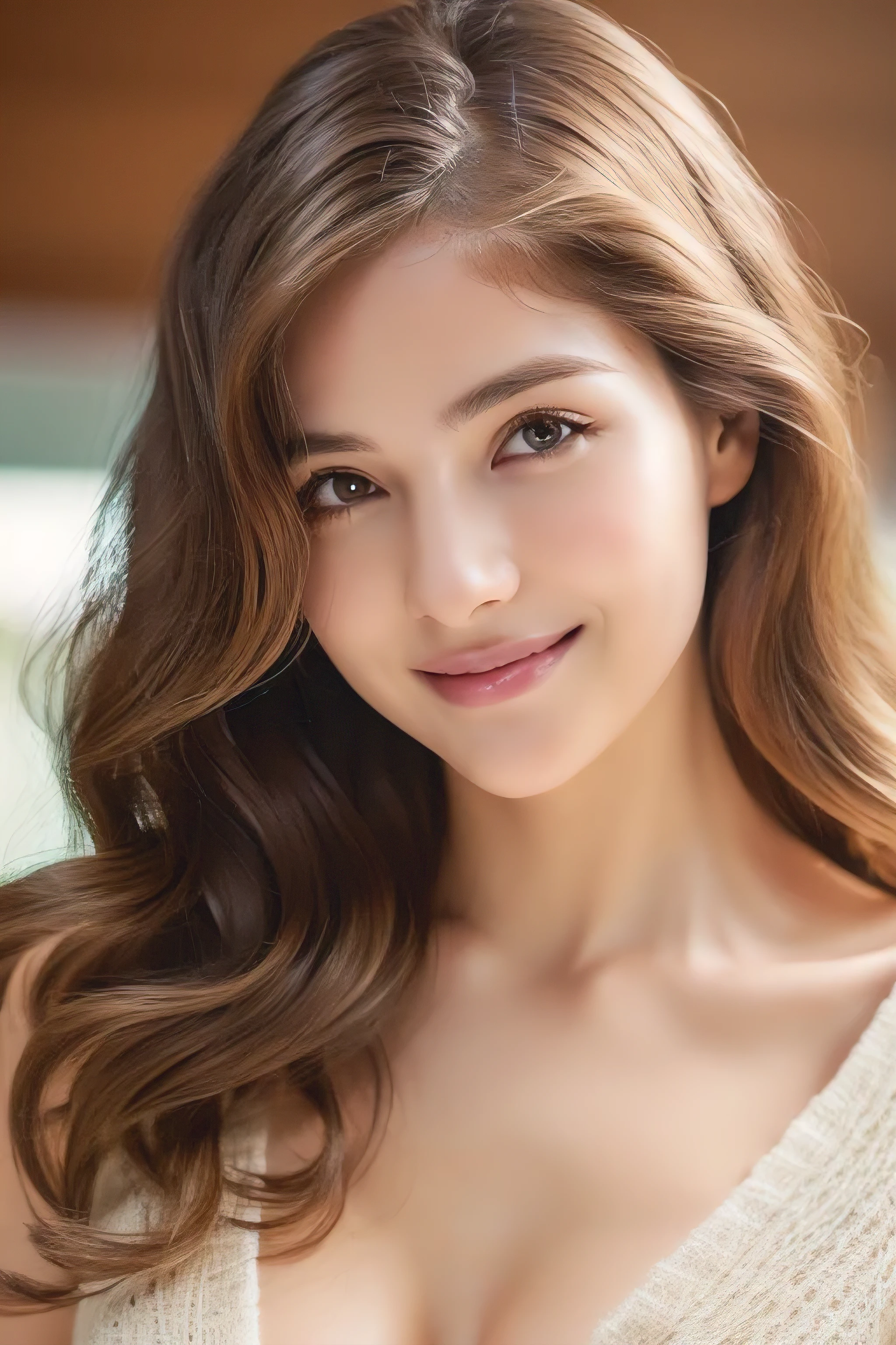 (masterpiece:1.3), high resolution, ultra detailed, extremely detailed CG unity 8k wallpaper, realistic, photo-realistic, RAW photo, beautiful detailed face, pale skin, realistic glistening skin, detailed cloth texture, detailed hair texture, Perfect body, Beautiful Face, accurate, Anatomically correct, Highly detailed face and skin texture, natural neck length, (beautiful hands), (fair skin:1.2), Thin legs, Thin feet, Detailed eyes, symmetric eyes, Light Brown eyes, Double eyelids, Thin eyebrows, (Glossy lips:1.4), ((gently smile:1.2)), (blush:1.1), (A Classy and Cute girl:1.3),fullbody shot、 ((full figure supermodel standing, entire body in frame))((Super long brown hair,Hair with loose waves inside,Hair reaching down to the waist:1.3))