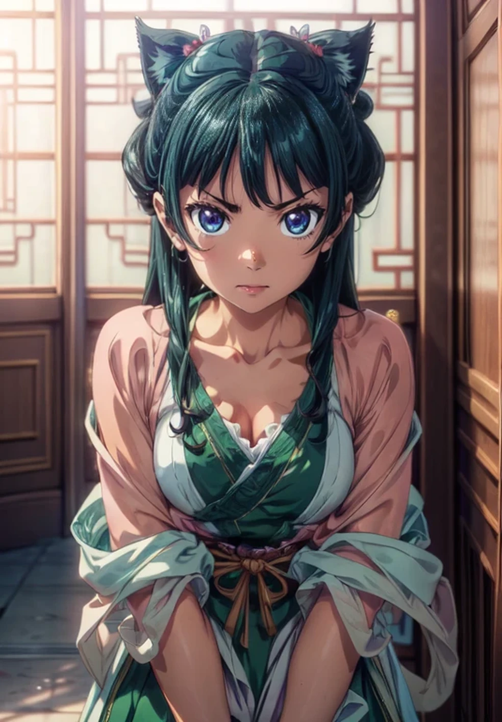 (Masterpiece, High Quality, Top quality, High-Detailed, Detailed CG, Cinematic Shadow, Cinematic Scene, Beautiful Detailed Eyes, Ultra Resolution, Depth of Field, High Resolution, Masterpiece: 1.2), Anime art style, Very detailed, Dynamic Angle, Teen Style, Detailed Green Hair, Detailed Blue Eyes, Slim Body, Cat Ear, Sparkling Eyes, Hair Accessory, Earrings, Slightly Blunt Bangs, Looking at the Audience, (Blush Expression:1.2), (Angry Expression:1.2), (Dark Green Hair), Purple Eye, Five Fingers, Good Composition, Arms, Thighs, Medium Breasts, Medium Size Breasts, Blur Background, Chinese Architectures