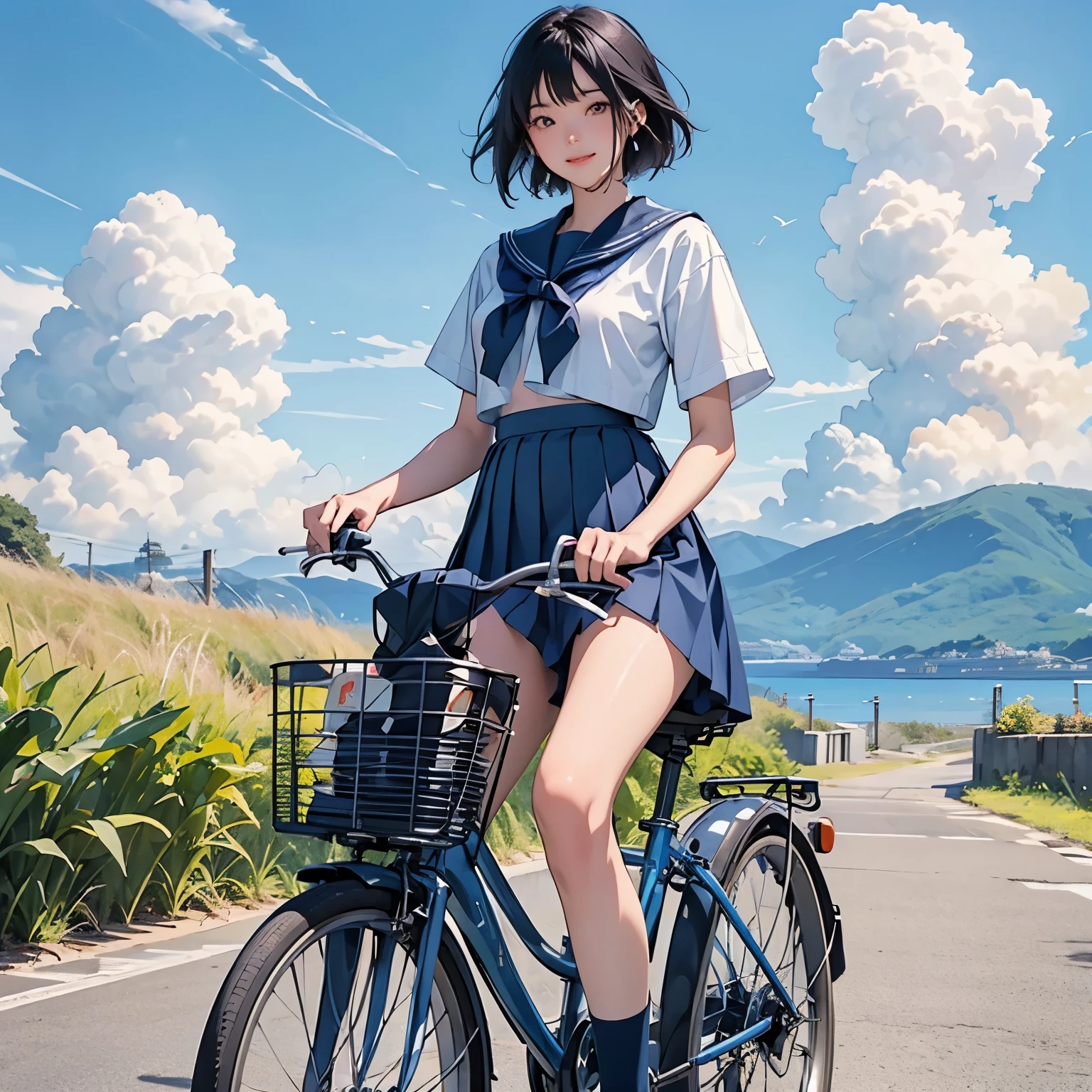 A girl is riding a bicycle alone、Beautiful 18 year old Japanese woman、Hair color is black、black eye、Medium Hair、short hair、Straight hair、smile、slender but well-proportioned body,、I'm wearing a sailor suit、Short sleeve、Wearing a navy blue pleated skirt、Short skirt、Wear loafers、School Bags、summer、countryside、Long concrete road、A little overgrown grass、electric wire、electric wire、Beautiful blue sky and white cumulonimbus clouds、Beautiful sea、Birds are flying、Highest quality、detailed、
