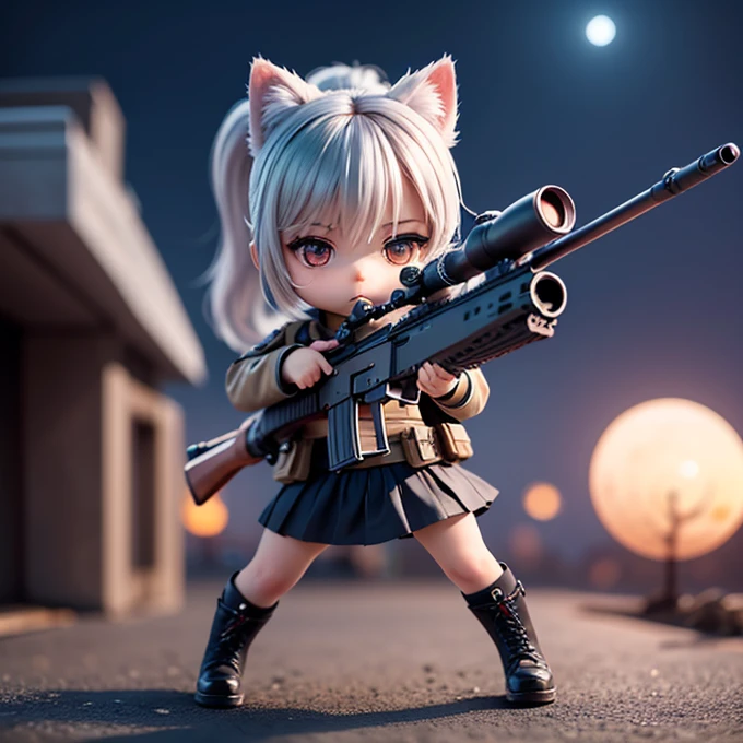 point the gun at the viewer, (Chibi Character:1.5), A silver-haired girl with cat ears wearing a military uniform, ponytail, mini skirt, See-through tights, Combat Boots, Open the chest, (point the gun at the viewer:1.5), 伏せ精密photograph, Ultra-high definition high performance sniper rifle, (Accurate prone position:1.3), photograph, 正確な伏せphotograph,Looking into the scope of the rifle, point the gun at the viewer口, Point the muzzle at us, High-powered sniper rifle aimed at viewers, Skyscraper rooftop, A quiet night full of tension, Night city background, moonlight, (Accurate frontal view:1.4)