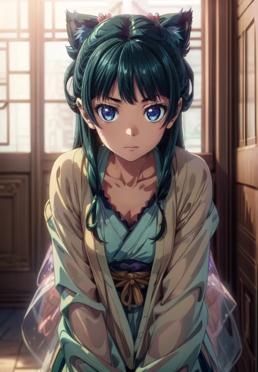 (Masterpiece, High Quality, Top quality, High-Detailed, Detailed CG, Cinematic Shadow, Cinematic Scene, Beautiful Detailed Eyes, Ultra Resolution, Depth of Field, High Resolution, Masterpiece: 1.2), Anime art style, Very detailed, Dynamic Angle, Teen Style, Detailed Green Hair, Detailed Blue Eyes, Slim Body, Cat Ear, Sparkling Eyes, Hair Accessory, Earrings, Slightly Blunt Bangs, Looking at the Audience, (Blush Expression:1.2), (Happy Expression:1.2), (Dark Green Hair), Purple Eye, Five Fingers, Good Composition, Arms, Thighs, Medium Breasts, Medium Size Breasts, Blur Background, Chinese Architectures