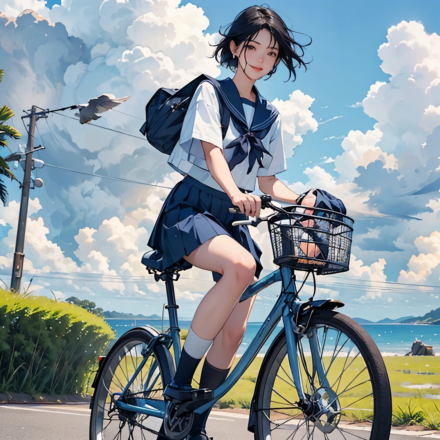 A girl is riding a bicycle alone、Beautiful 18 year old Japanese woman、Hair color is black、black eye、Medium Hair、short hair、Straight hair、smile、slender but well-proportioned body,、I'm wearing a sailor suit、Short sleeve、Wearing a navy blue pleated skirt、Short skirt、Wear loafers、School Bags、summer、countryside、Long concrete road、A little overgrown grass、electric wire、electric wire、Beautiful blue sky and white cumulonimbus clouds、Beautiful sea、Birds are flying、Highest quality、detailed、