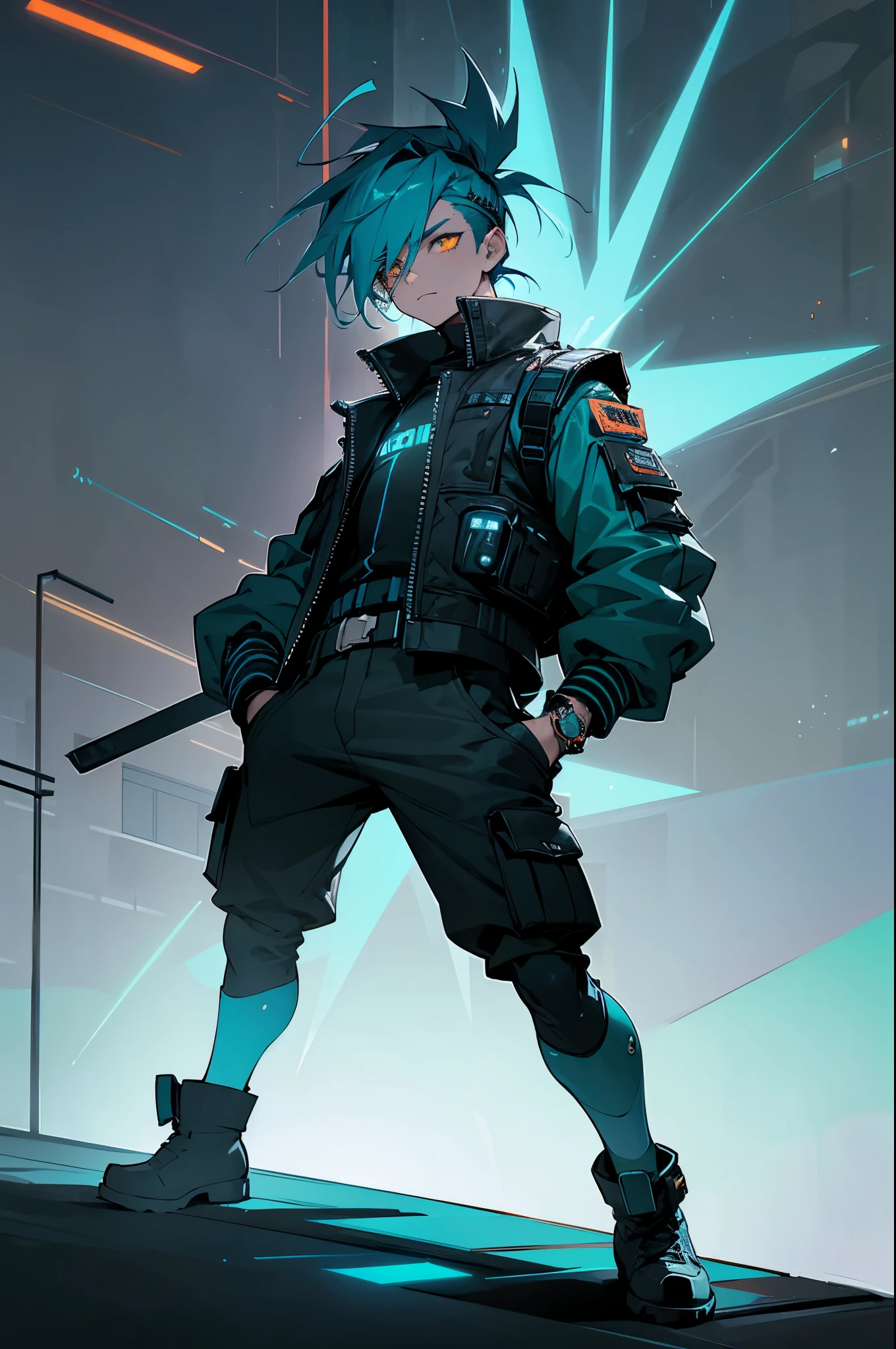 1male, teal blue hair, styled in a spiked undercut, bright orange eyes, intense focus, high-tech visor over his eyes, dark leather vest with glowing circuit patterns, black cargo pants, combat boots, futuristic urban background with holographic ads and bustling streets, detailed face, hands to side, standing on path
