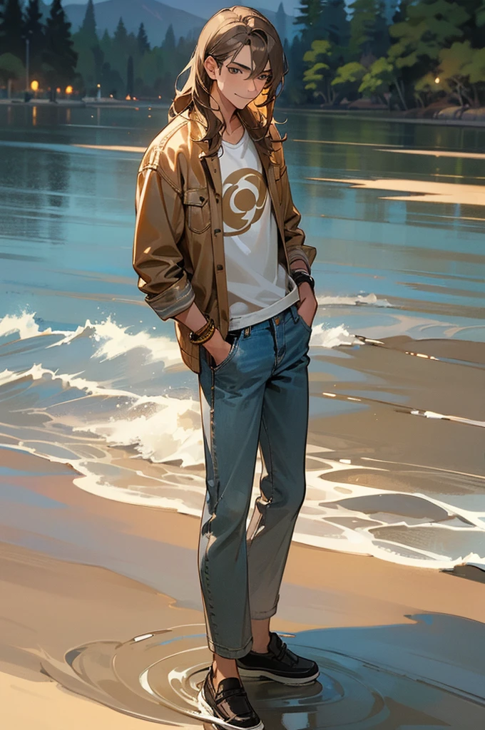 1male, sandy brown hair, styled in loose waves with a streak of silver, warm brown eyes, casual smirk, light denim jacket over a graphic tee, gray chinos, white slip-on shoes, a simple leather bracelet, serene lakeside background with gentle ripples and tall reeds, detailed face, hands to side, standing on path