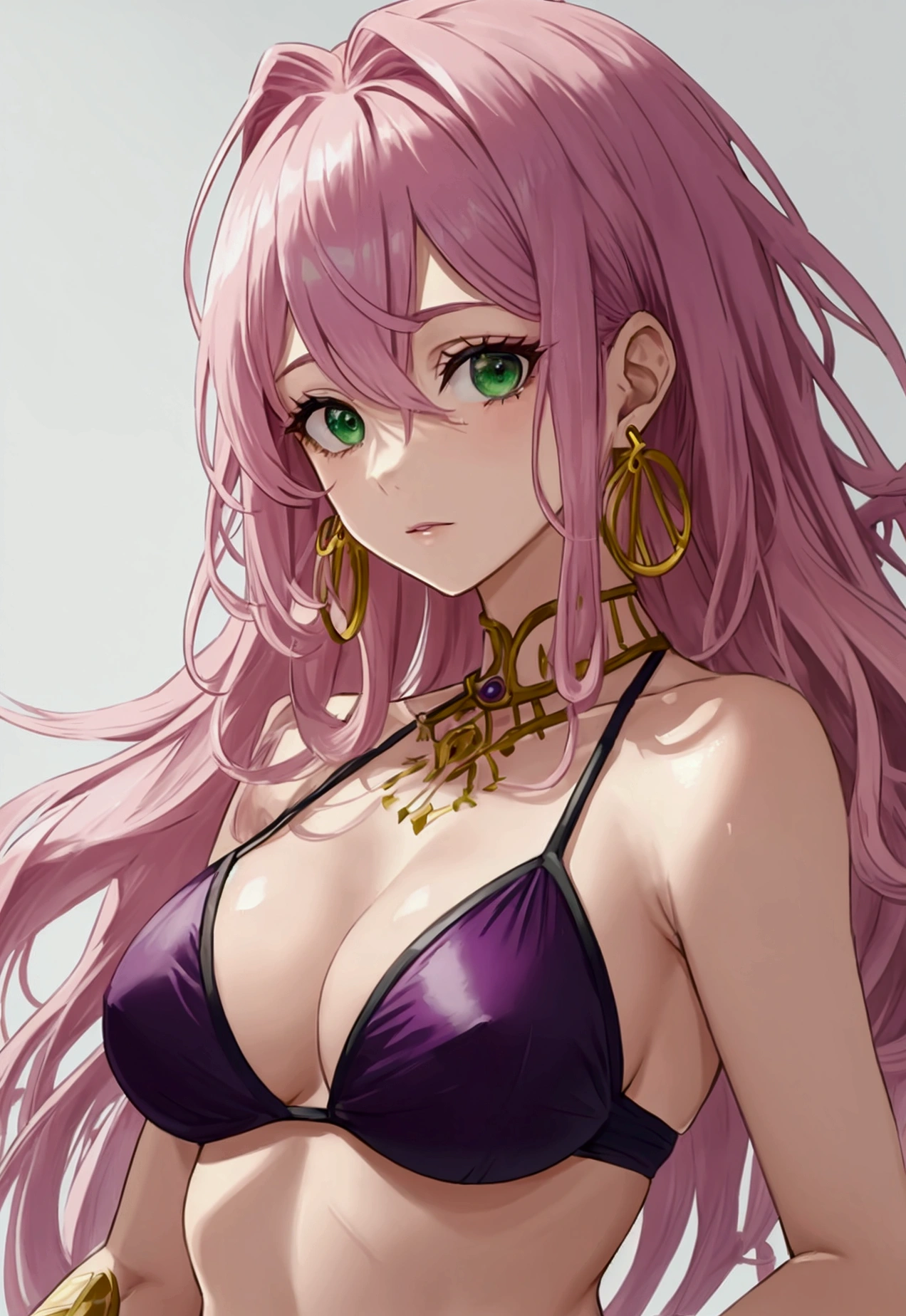 A 40-year-old woman with pink hair on top of her head, The undercoat is purple, Long Curly Hair, Green Eyes, Gold earrings, model bikini