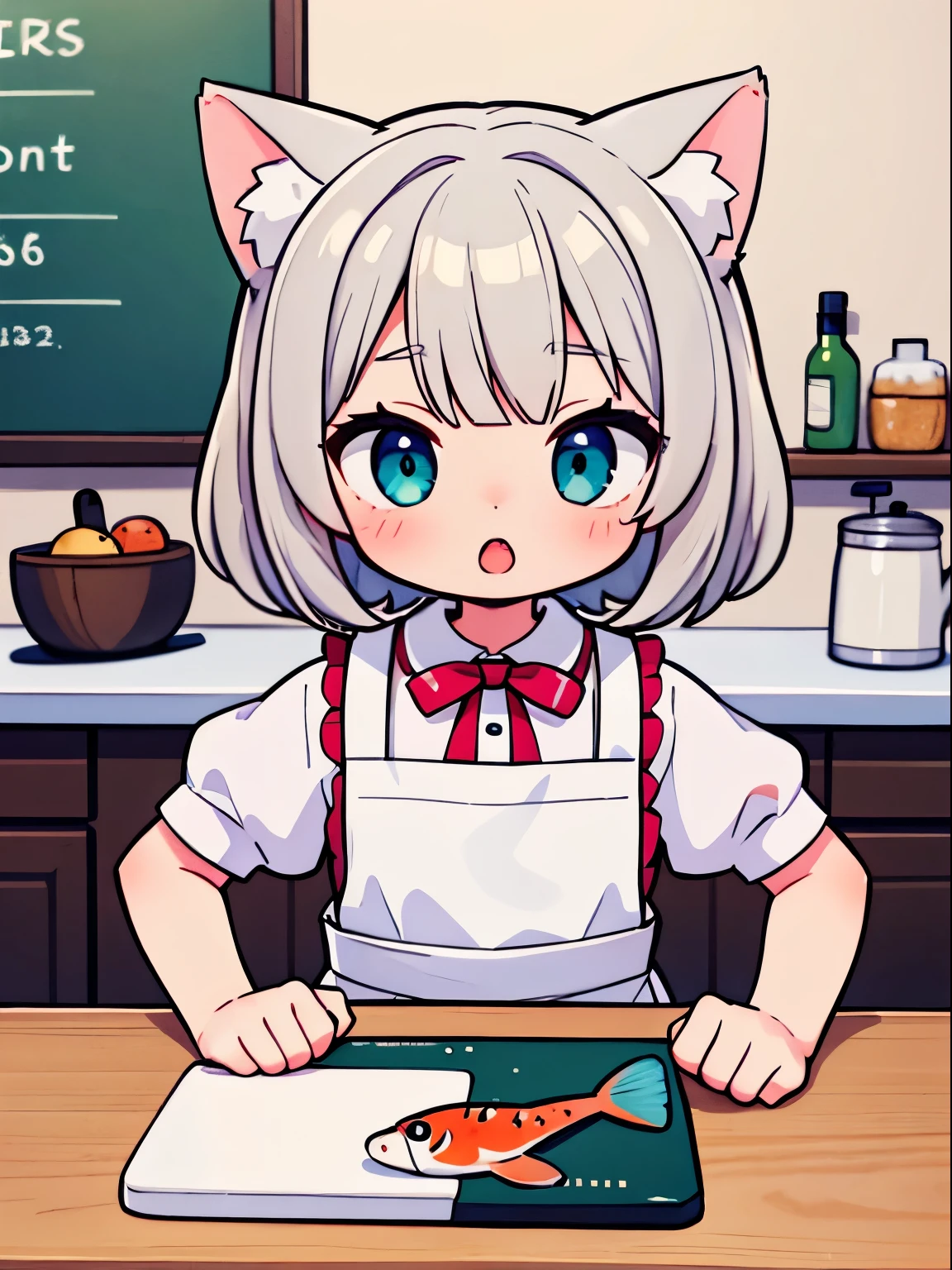 ((Highest quality)), ((masterpiece)), (detailed), Perfect Face, Perfect Arms, Perfect hands, Perfect Fingers, anime, Ultra-fine illustration, ((One girl)), cute, {(Cat face), (Cat Eyes), (Cat mouth), (Cat ear)}, (Open your mouth wide), tooth, Gray Hair, Bobcut, apron, ((Fish on a chopping board)), kitchen, Daytime, indoor, Upper Body Shot,
