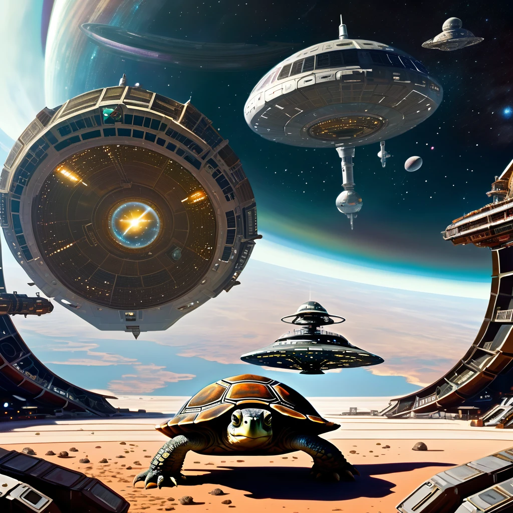 The scene is set in deep space. A huge, starshaped and sprawled spacestation can be seen in the background. Closer to the viewer a clunky, grimy and rusty spaceship partly in the shape of a turtle is seen approaching the spacestation.