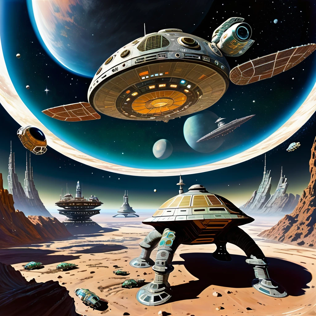 The scene is set in deep space. A huge, starshaped and sprawled spacestation can be seen in the background. Closer to the viewer a clunky, grimy and rusty spaceship partly in the shape of a turtle is seen approaching the spacestation.