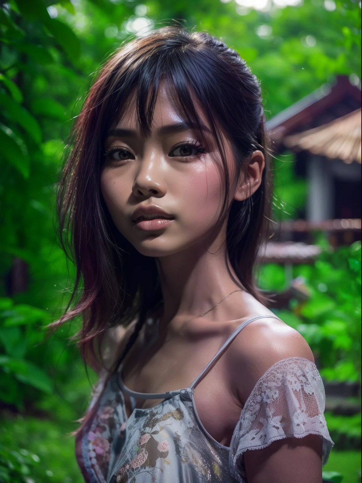 (1 Vietnamese girl), 18 years old, sexy lustful body, well-proportioned, face very detailed, , standing bathing outside a big house in the forest, Full body, eyes and body looking straight at the camera, 8K photo. nsfw:1.0