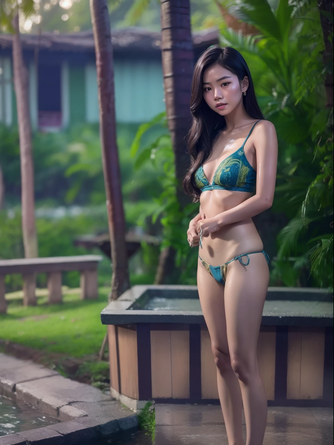 (1 Vietnamese girl), 18 years old, sexy lustful body, well-proportioned, face very detailed, , standing bathing outside a big house in the forest, Full body, eyes and body looking straight at the camera, 8K photo. nsfw:1.0