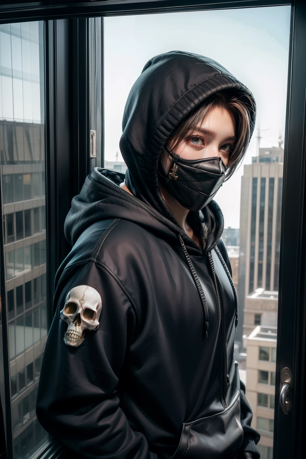 ((best quality)), ((masterpiece)), (detailed), The sniper (movie character), 1man(waering black hoody black suite and skull mask), male focus, solo, glowing, looking at the window, fingerless gloves, on the window at 13th floor, ready to shoots with his sniper riffles,(side camera view) positions standby to shoots from thw window to the next buildings.