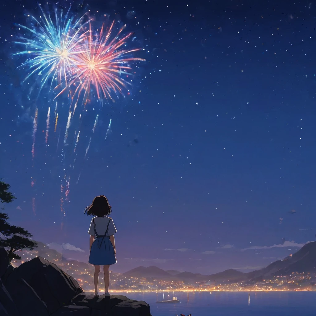 (Minimalism:1.4), Fireworks in the night sky,coastal, ghibli studio art、Girl looking up at fireworks
