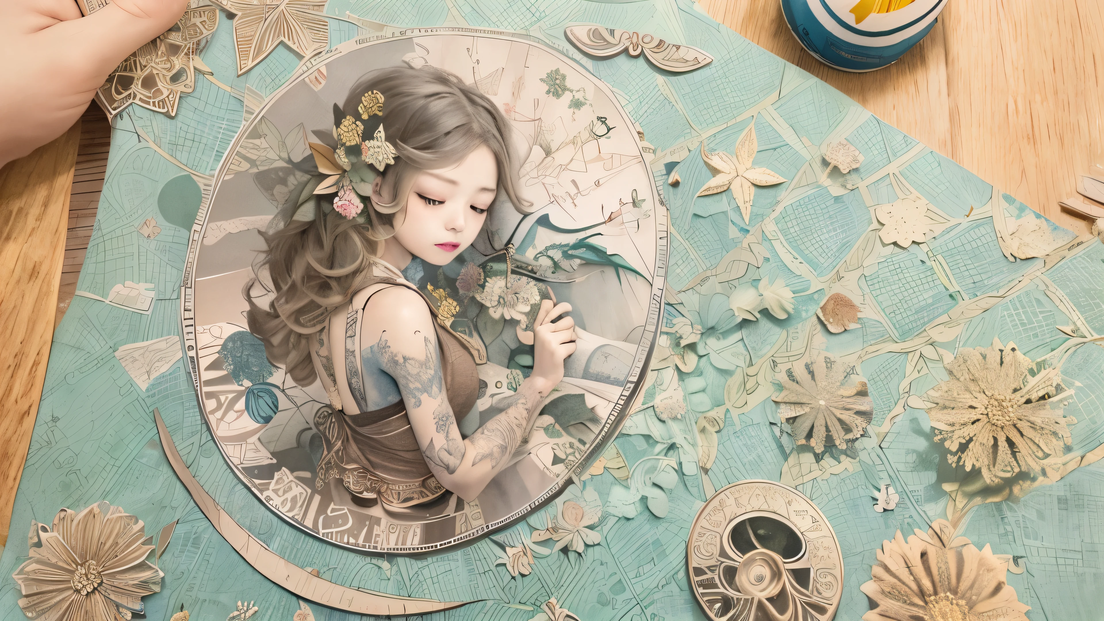 ((((masterpiece))), tattoo、Highest quality, An illustration, Beautiful details shine,
paper_cut, The details of a fragile girl's face captured on camera, wood, moon, butterfly,Wind、star、spider、Ladybug、centipede