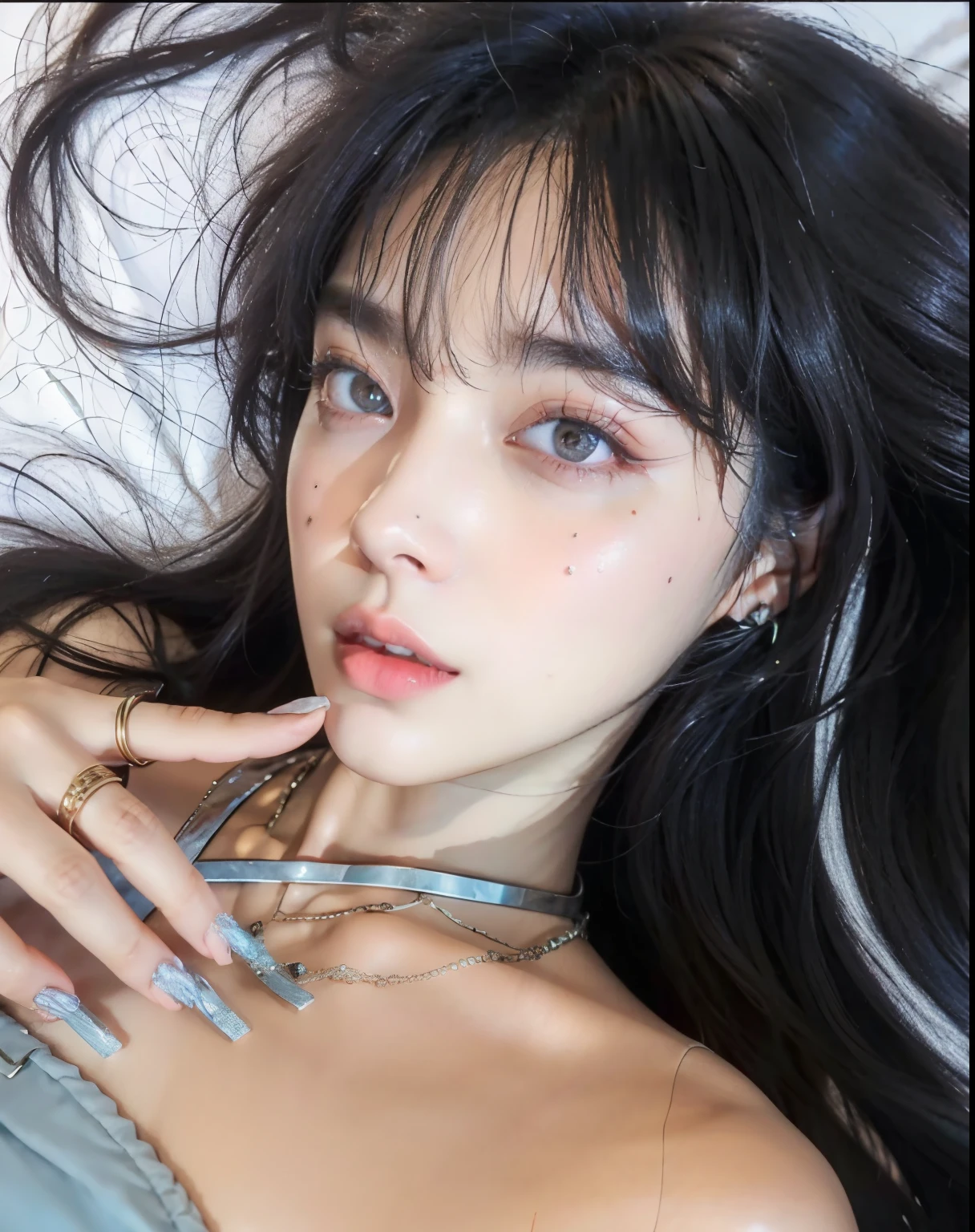 Araped woman with long black hair lying in bed, Larissa Manoval, Dilabba Dilmurat, she has black hair With bangs, sakimichan, Best Face, With bangs, Larissa Manoban of Blackpink, Mulher sul-korean bonita, Blackpink Jisoo, Black hair and big eyes, Letrato Jisoo Blackpink, korean
