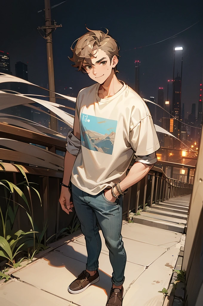 1male, sandy brown hair, styled in loose waves with a streak of silver, warm brown eyes, casual smirk, light denim jacket over a graphic tee, gray chinos, white slip-on shoes, a simple leather bracelet, night city background, detailed face, hands to side, standing on path