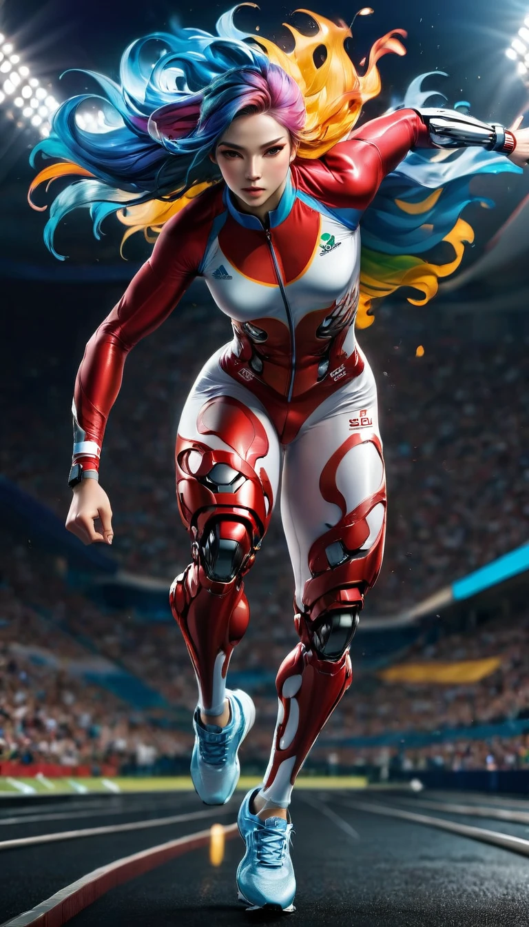 a  sports shot of a para Olympic game participant runner, (one of her legs) is mechanical prosthetic leg, a woman sports athlete, ((full body shot: 1.5)), ((anatomically correct: 1.5)) (ultra detailed face: 1.2), dynamic hair style, dynamic hair color, dynamic skin complexion, wearing track suit, sports shoes, running in the Olympics, she has (one mechanical leg), vibrant, Ultra-high resolution, High Contrast, (masterpiece:1.5), highest quality, Best aesthetics), best details, best quality, highres, 16k, [ultra detailed], masterpiece, best quality, (extremely detailed) RAW, photograph Cinematic Hollywood Film