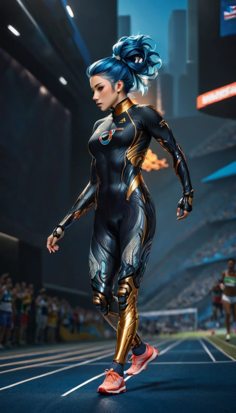 a  sports shot of a para Olympic game participant runner, (one of her legs) is mechanical prosthetic leg, a woman sports athlete, ((full body shot: 1.5)), ((anatomically correct: 1.5)) (ultra detailed face: 1.2), dynamic hair style, dynamic hair color, dynamic skin complexion, wearing track suit, sports shoes, running in the Olympics, she has (one mechanical leg), vibrant, Ultra-high resolution, High Contrast, (masterpiece:1.5), highest quality, Best aesthetics), best details, best quality, highres, 16k, [ultra detailed], masterpiece, best quality, (extremely detailed) RAW, photograph Cinematic Hollywood Film