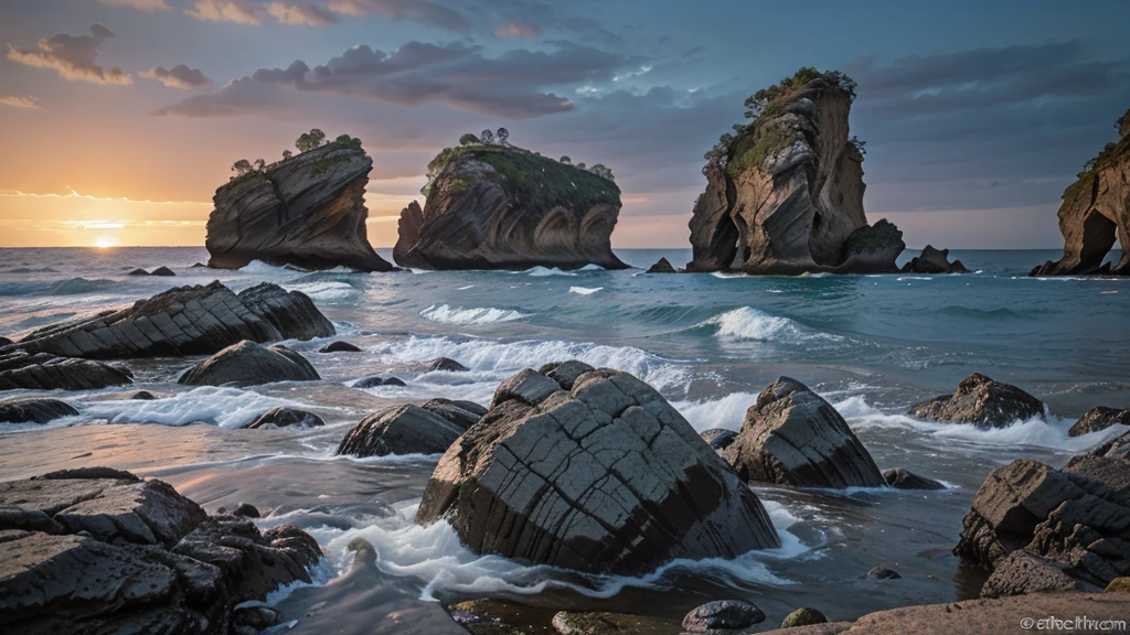 Fantastic landscape with alien landscape. Everywhere you can see arched rocks slightly twisted from the center of a bizarre shape and with an alien texture.. The seashore washes the fragments of these beautiful rocks and alien animals in the form of crustacean scorpions crawl along the debris.and trilobites. In the background is an unearthly sunset with blue-violet clouds swirling in a very unusual way
