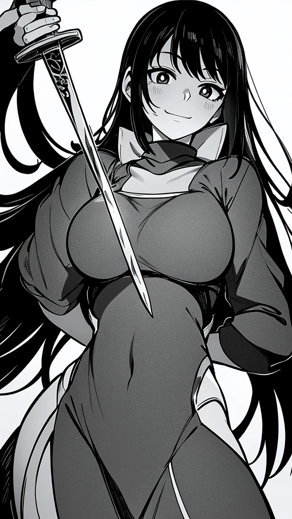 A beautiful women with sword mocking smile standing looking down, view from Down black and white manga image