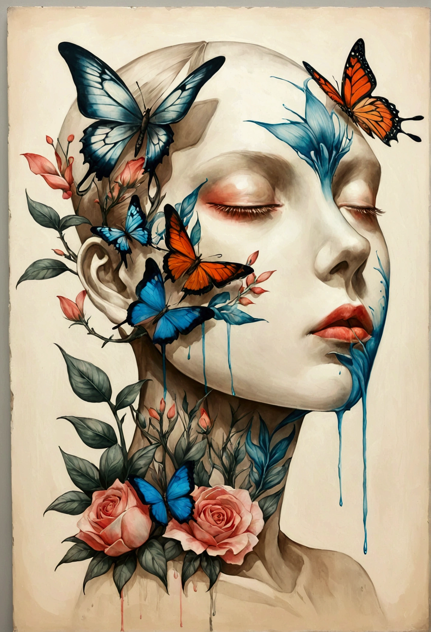 Colored lead paintingSimple ink painting：Inspired by Marco Mazzoni,Profile portrait - head up，bird、Butterfly、Plants and flowers。