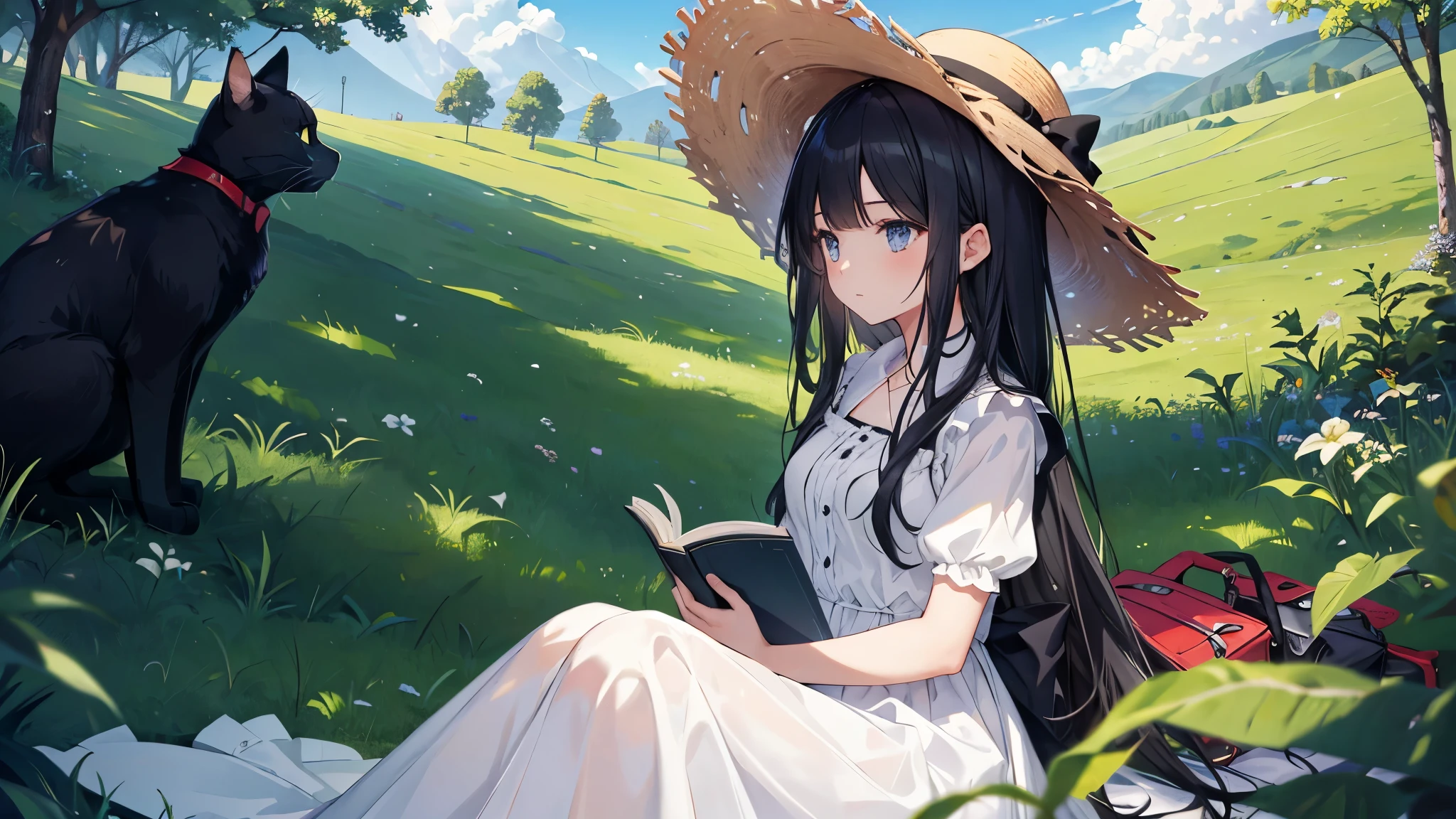 A girl is reading a book under a tree on a hill in the middle of the wilderness. The sky is clear and there is a big cloud. A black cat is near the girl. The girl is wearing a white dress and a straw hat. She has long black hair.