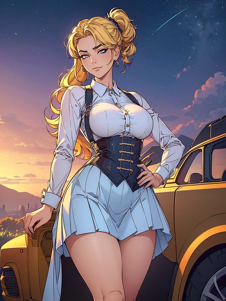 Just one girl,Best quality, 4k, high resolution, body stuck dress, perfect smile, gorgeous, light skin, ahegao face(hentai face) ,blonde hair, pony tail hair,
Wearing white office shirt, wearing blue short skirt,clothes are stuck in body, bodyfit outfit,1 girl, solo, seductive look, elegance and charm, (masterpiece, best quality, high resolution), looking at the viewer, standing, (intricate and beautiful:1.2), (detailed light:1.2), (soft light, side light), (high resolution textures, outdoor, Burmese girl, wearing gorgeous jewelary, wearing harness over the outfit ,outdoor background, sun light, attractive, sexy, mature and hot, young,(masterpiece:1.3), (disorganized:1.3), (highest quality:1.3), perfect anatomy, detailed face, front view, perfect right hands, looking at viewer, (Super detailed:1.3), (best shadow:0.7), (treated hair), fine eyes, beautiful eyes, young aged woman, alone, standing, crystal earrings,closed_mouth, , outdoors,Thick thighs, arrogant face, small 