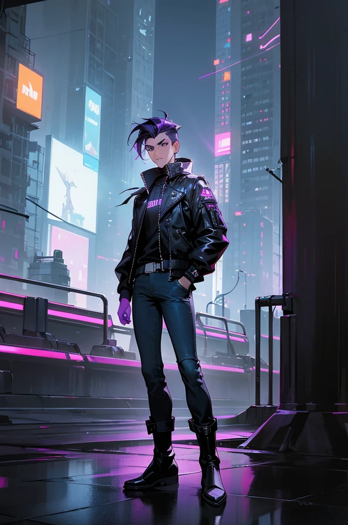 1male, dark purple hair, styled in a voluminous quiff, striking amber eyes, focused expression, futuristic black jacket with neon blue accents, silver utility belt, dark jeans, sleek black boots, cyberpunk cityscape background with glowing billboards and tech, detailed face, hands to side, standing on path