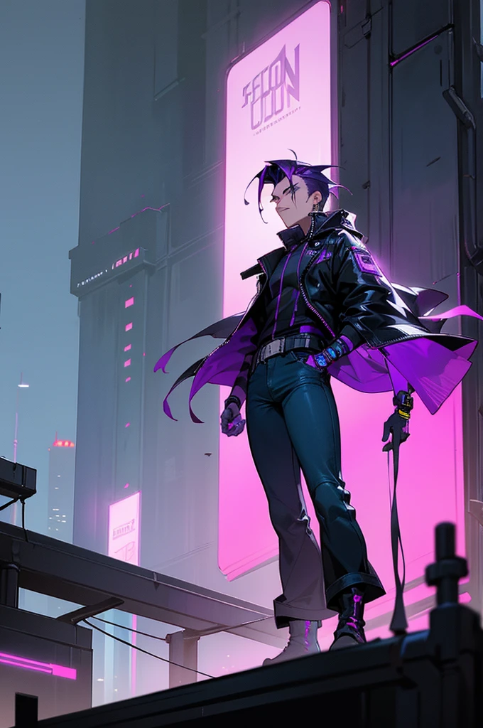 1male, dark purple hair, styled in a voluminous quiff, striking amber eyes, focused expression, futuristic black jacket with neon blue accents, silver utility belt, dark jeans, sleek black boots, cyberpunk cityscape background with glowing billboards and tech, detailed face, hands to side, standing on path