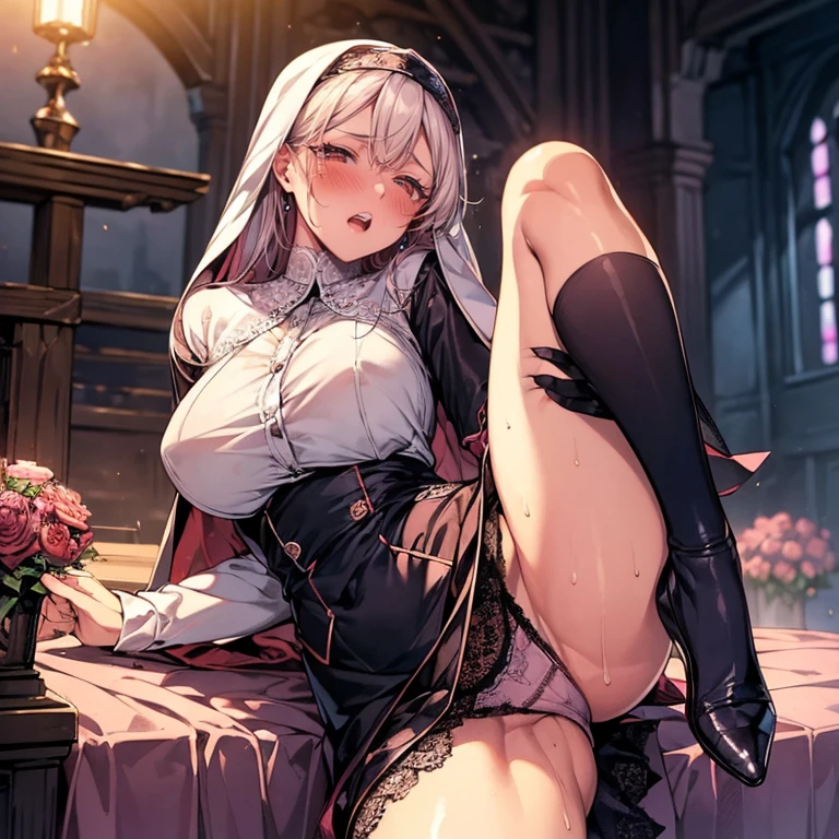 masterpiece, ((highest quality)), very detailed, dynamic angle, (perfect hands), detailed shiny skin, thin hair, fine eyes,), amazing background, meaningful background, absurd background, artistic overlay, and colorful hair. The style is surrealism, cinematic lighting, ray tracing,sacred light, Surrealism,(woman),white haired,red eyes,(nun),(((Intense orgasm:1.2))),(embarrassing,blush:1.3),(skirt),((lace panty)),(tears:1.2),(Sweat:1.3),((leaning behind:1.3)),((Leg spread:1.2)),Blake,((at the ruins:1.1)),(big breasts,thick thighs),(decoration,clothing:1.2),leather,button-down shirt,((Squint eyes:1.2)),Japanese anime,