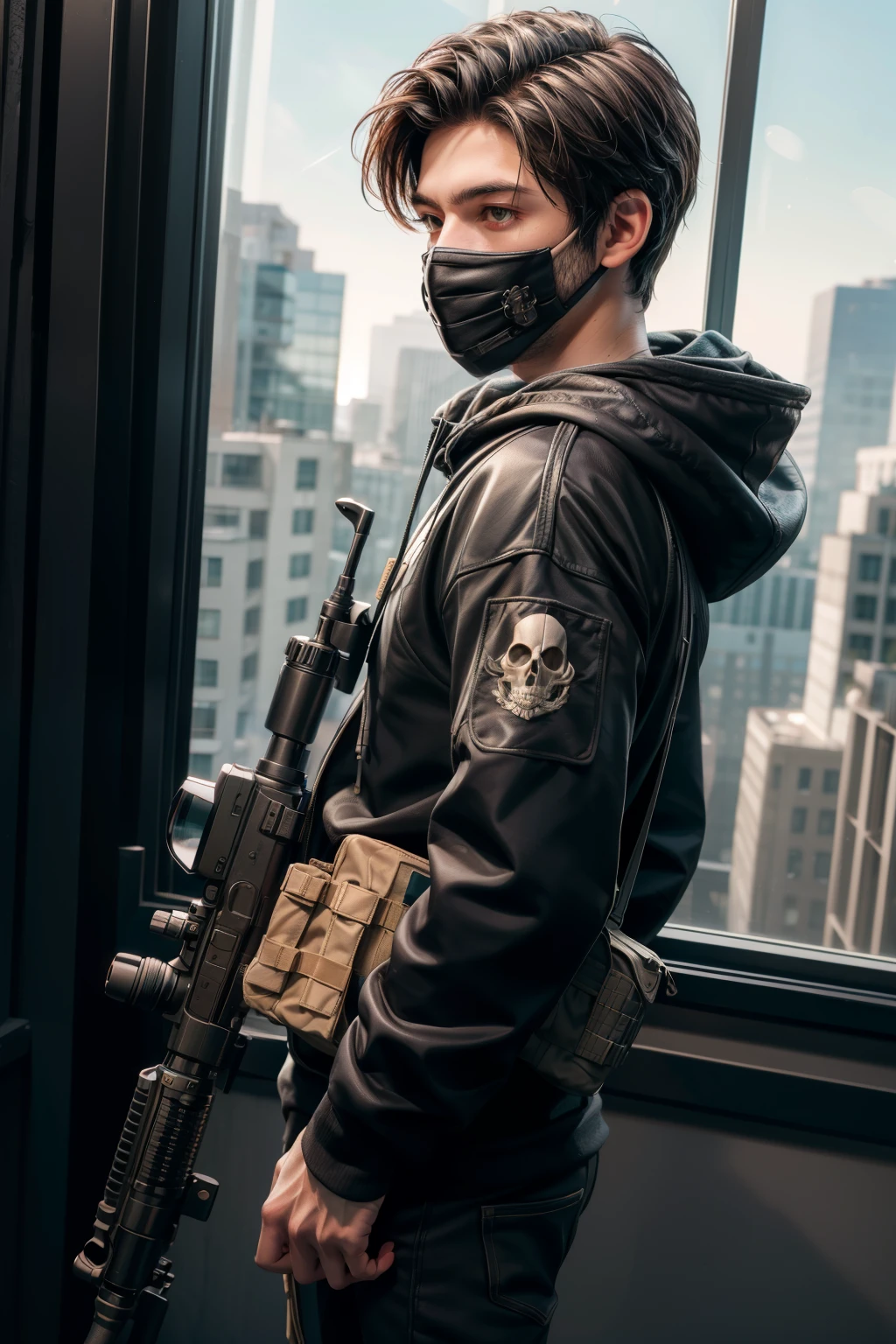 ((best quality)), ((masterpiece)), (detailed), The sniper (movie character), 1man(waering black hoody black suite and skull mask), male focus, solo, glowing, looking at the window, fingerless gloves, on the window at 13th floor, ready to shoots with his sniper riffles,(side camera view) positions standby to shoots from thw window to the next buildings.